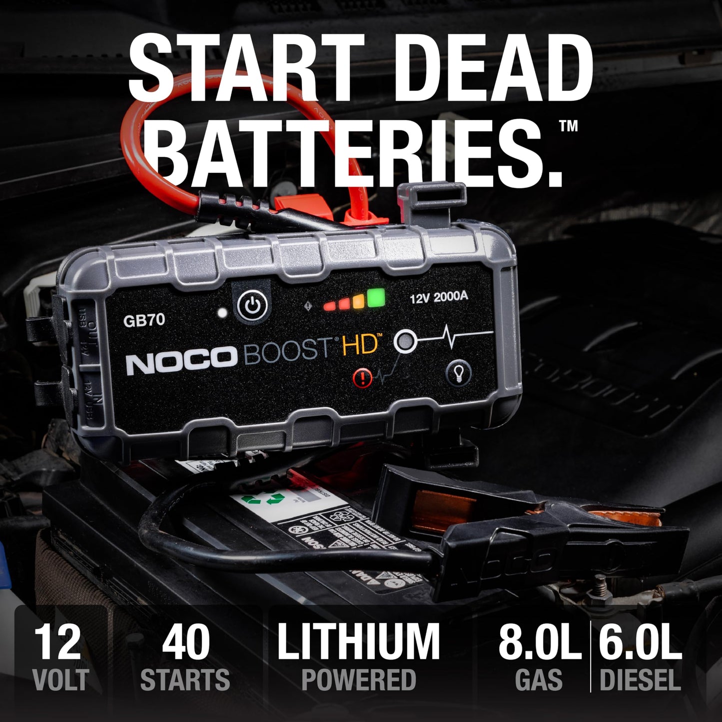 NOCO Boost GB70: 2000A UltraSafe Jump Starter – 12V Lithium Battery Booster Pack, Portable Jump Box, Power Bank & Jumper Cables - for 8.0L Gas and 6.0L Diesel Engines