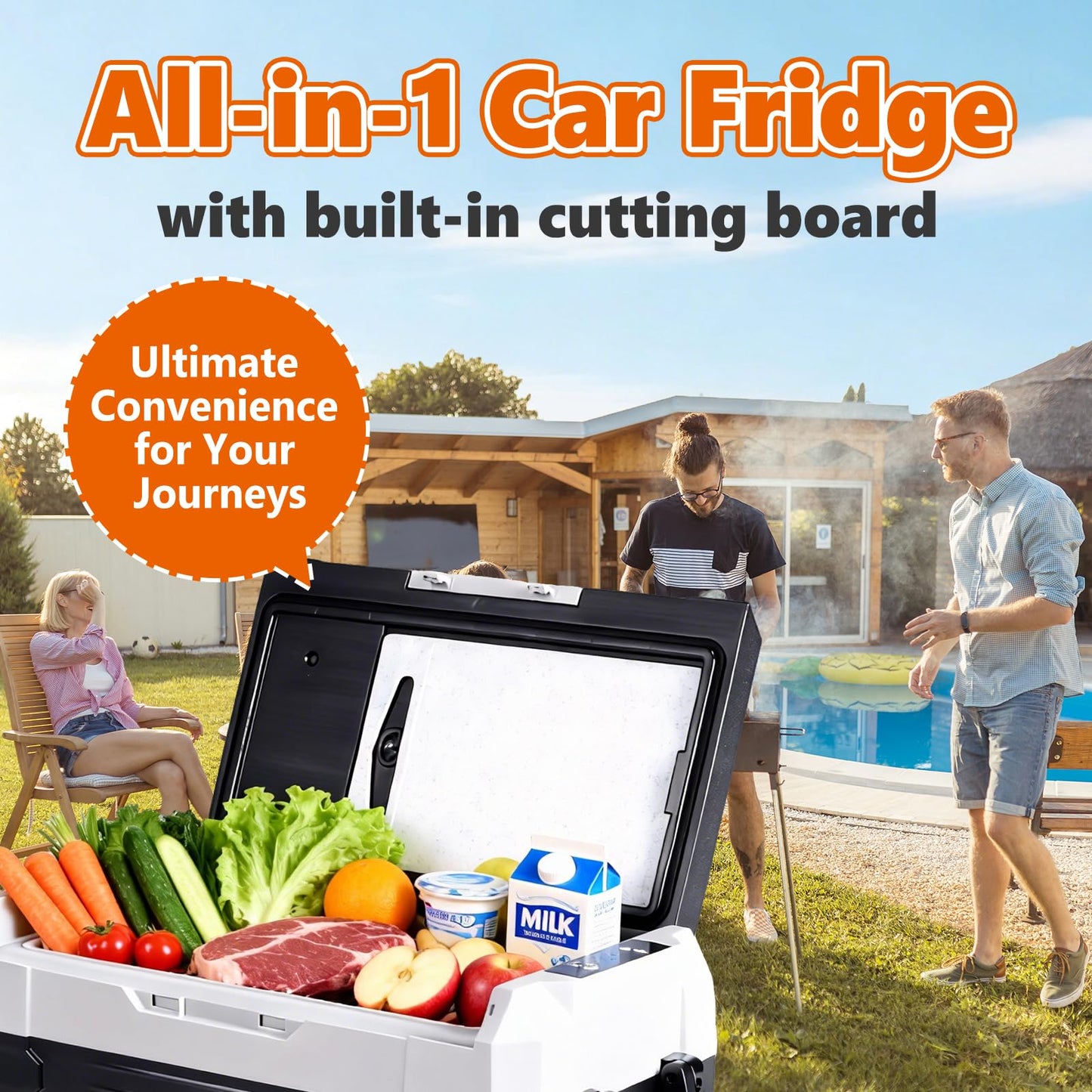 OLIXIS Portable Car Refrigerator, 42QT Dual-Zone Electric Cooler for Vehicles with Wheels & Cutting Board, -4℉-68℉ Freezer Smart Control via Bluetooth, Battery Protection, 12/24V DC & 100-240V AC