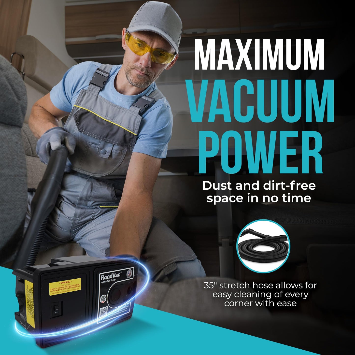 RoadVac Z1-CS-8-CORD RV Central Vacuum System | Wall-Mounted Built-in Vacuum for RVs, Boats & Tiny Homes | Compact Central Vacuum with 35′ Stretch Hose & Tool Kit