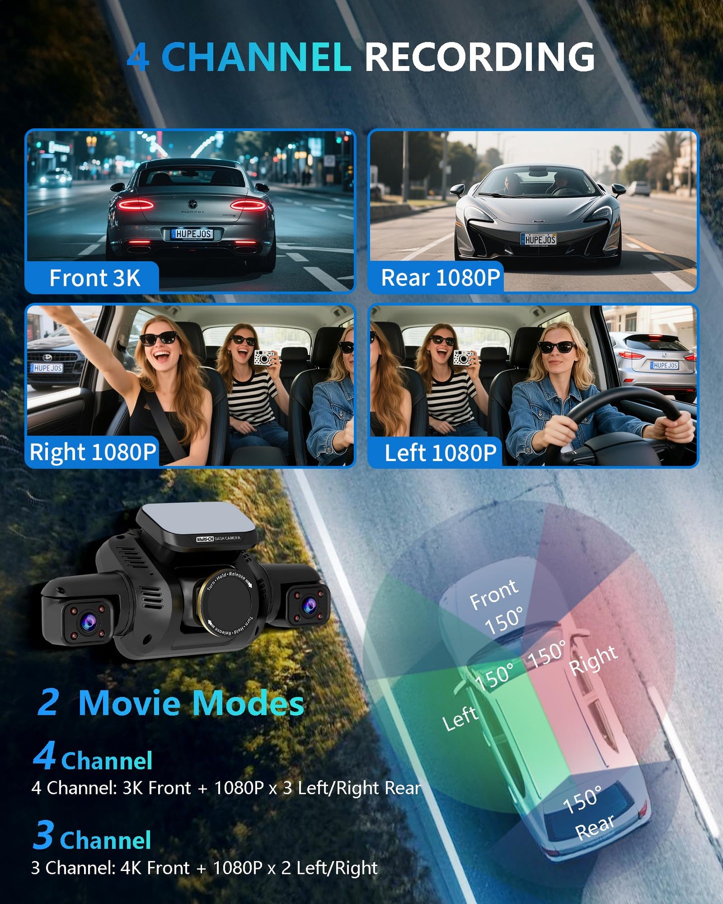 Dash Cam 4 Channel Front and Rear Inside, 360° Car Camera 4K UHD, Dash Camera for Cars Built-in Wi-Fi GPS, Dashcam Free 64GB Card, Voice Control, CPL Filter, WDR Night Vision, 24H Parking Mode(V8PLUS)