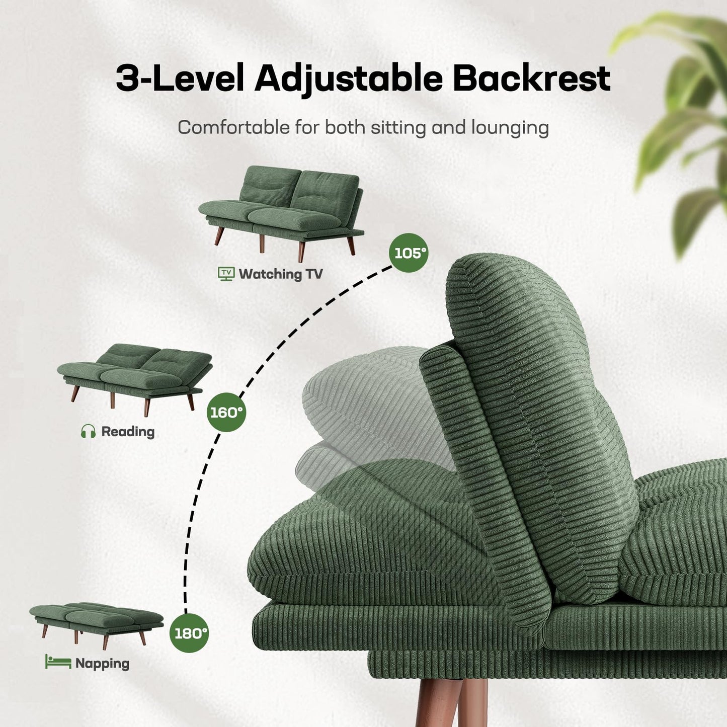 Marsail Futon Sofa Bed, 66” Futon Couch with Adjustable Backrest & Armrests, Convertible Small Sleeper Sofa Bed for Small Apartments, Study Room, Office, Corduroy Loveseat, Olive Green