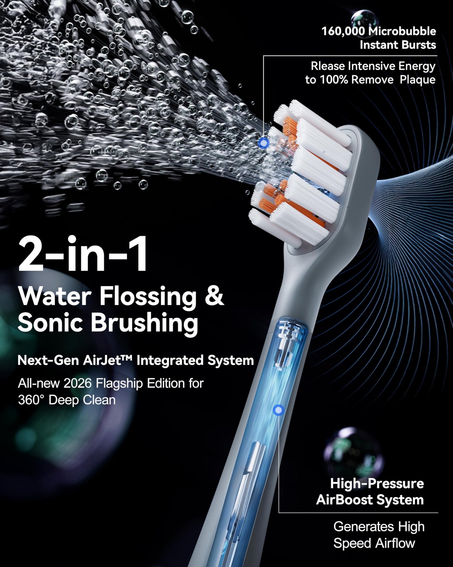 RANVOO AirJet X3 [AI Max Jet Clean] [Flossing & Sonic Brushing 2-in-1] Electric Toothbrush for Adults, 100% Plaque Removal, Whitening, 60-Day Battery, Soft & Gum Care for Sensitive Teeth/Braces White