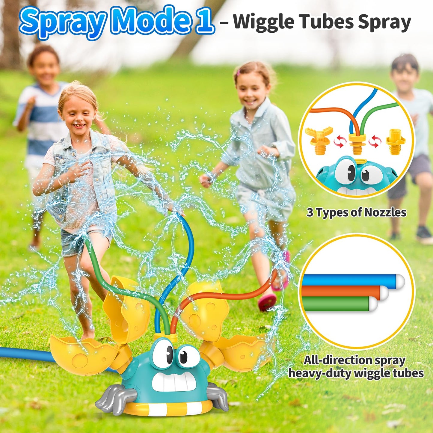 Water Sprinkler for Kids, 2-in-1 Crab Sprinkler with 3 Spray Patterns & 4 Bean Bags for Toss Game, Attaches to Garden Hose, Summer Backyard Lawn Outdoor Water Toy for Boys & Girls Ages 3–8