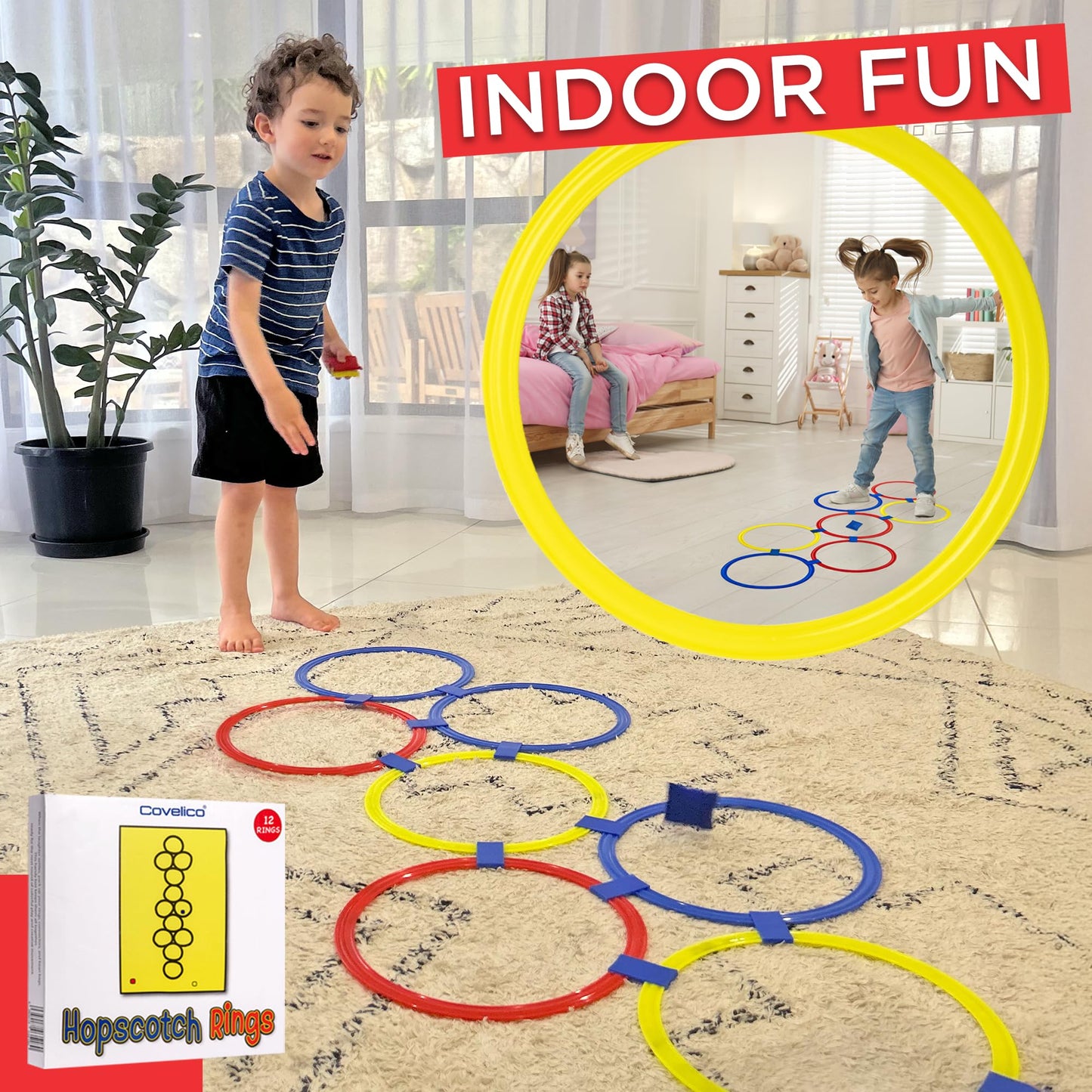 Covelico Kids Exercise Cards & Hopscotch Rings – 12 Rings + 3 Beanbags & 52 Activity Cards, Recess Toys, PE Equipment, Obstacle Course for Kids 3–5, Indoor & Outdoor