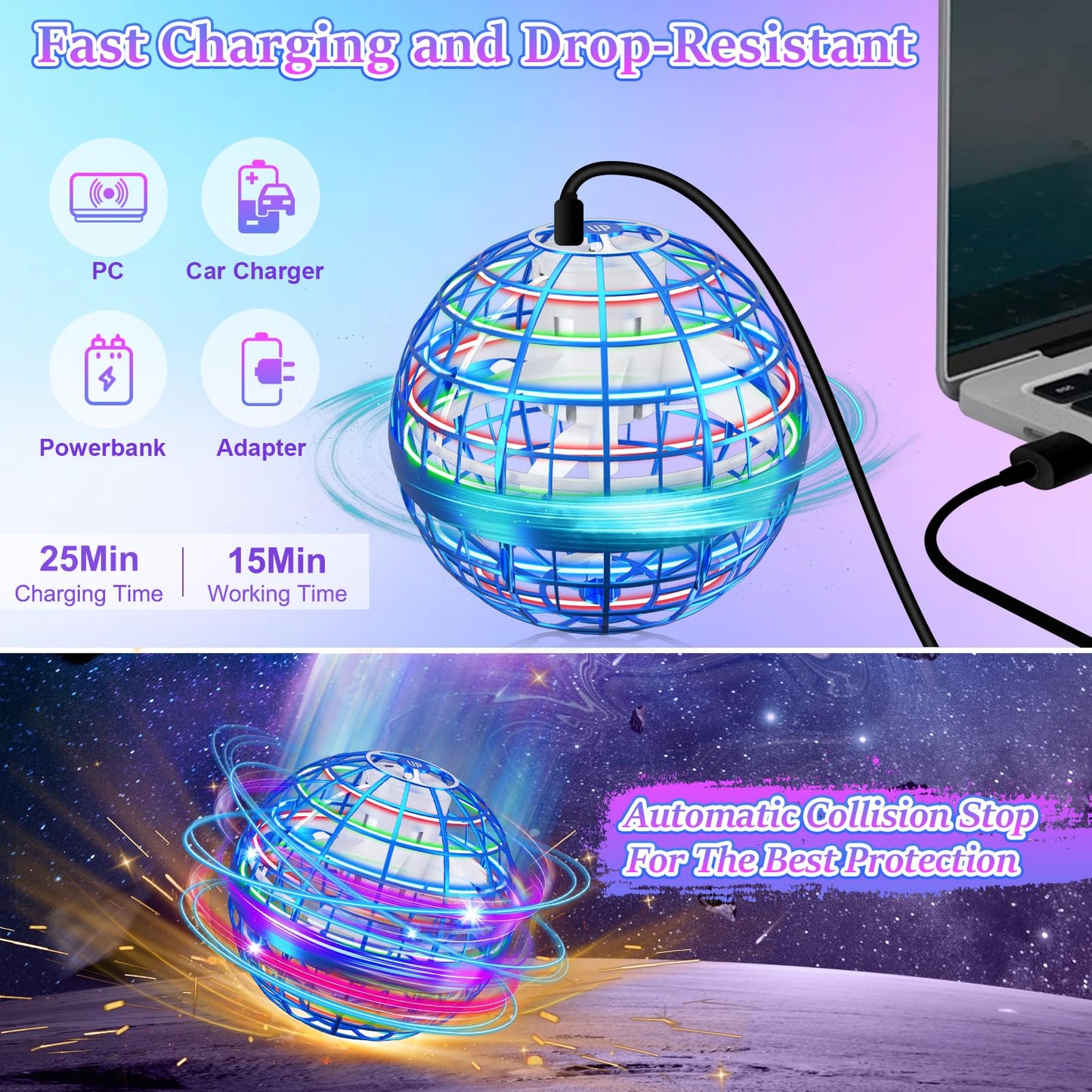Junywell Flying Orb Ball Toy, Hover Hand Mini Drone Cosmic Globe, Fly Spinners for Kids Adults Indoor Outdoor Toys, Cool LED Lights Toys for 6 7 8 9 10+ Years Old Boys Girls Gift