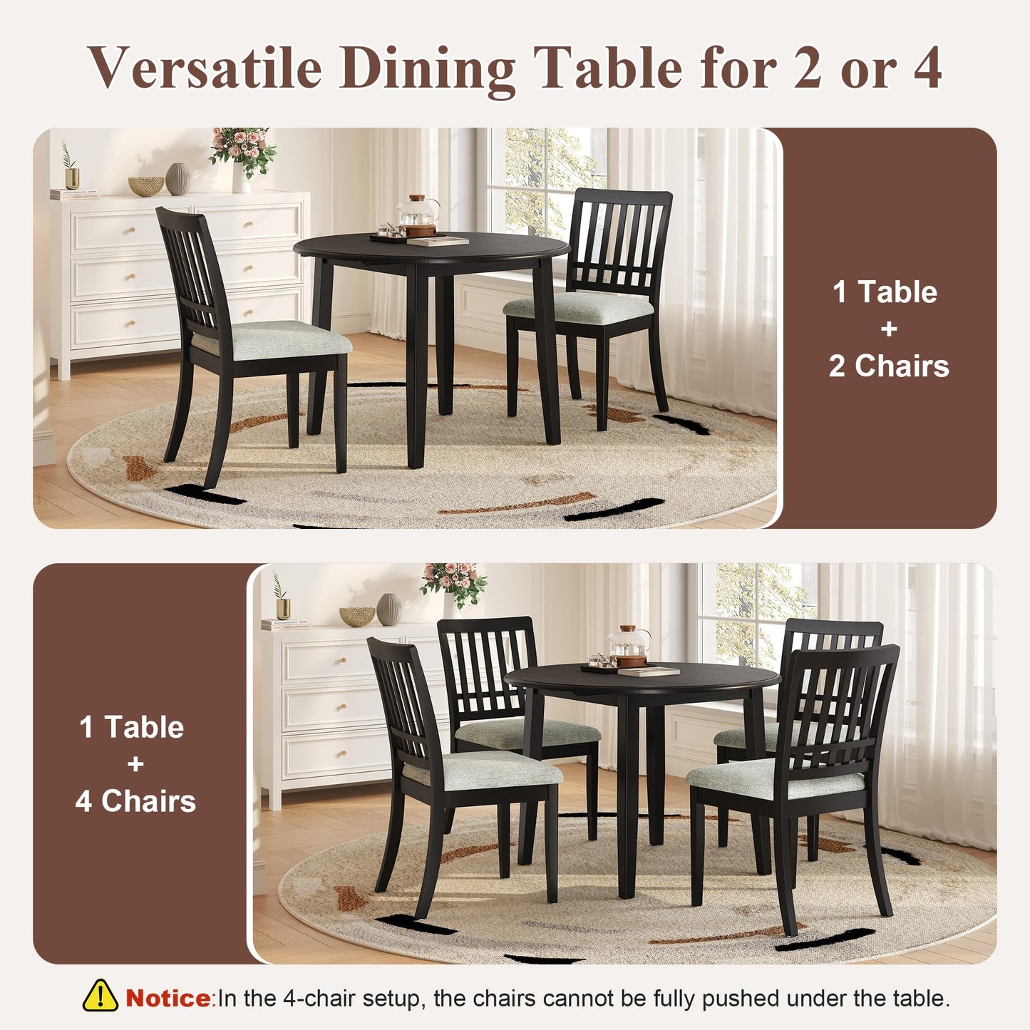 P PURLOVE 5 Piece Round Dining Set for 4, 1 Folding Wood Table and 4 Upholstered Chairs for Small Spaces, Apartments, Space-Saving Design (Black)