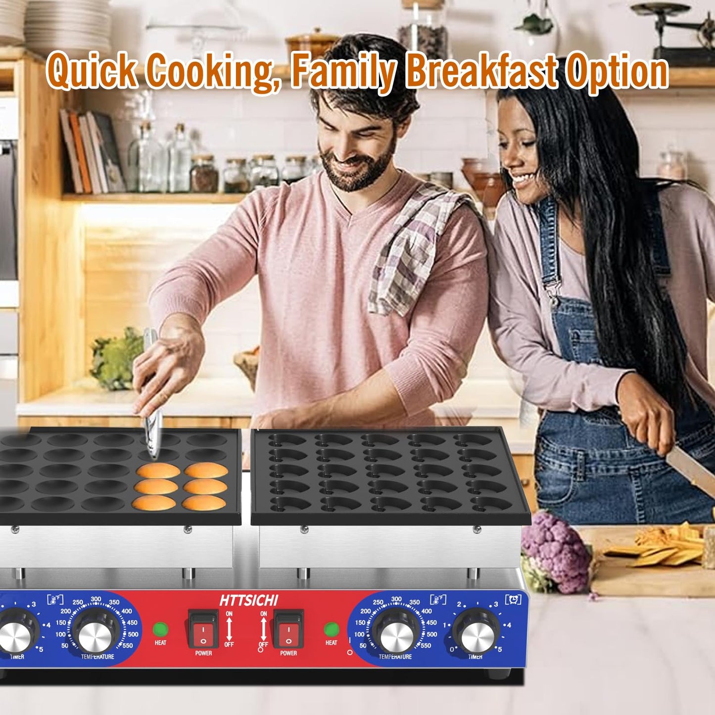 HTTSICHI Mini Pancake Maker - 50Pcs Commercial Pancake Maker With Round-Shaped and Heart-Shaped, Mini Pancakes Maker Machine With 2 Thermostats & 2 Timers, Non-stick Electric Pancakes Maker