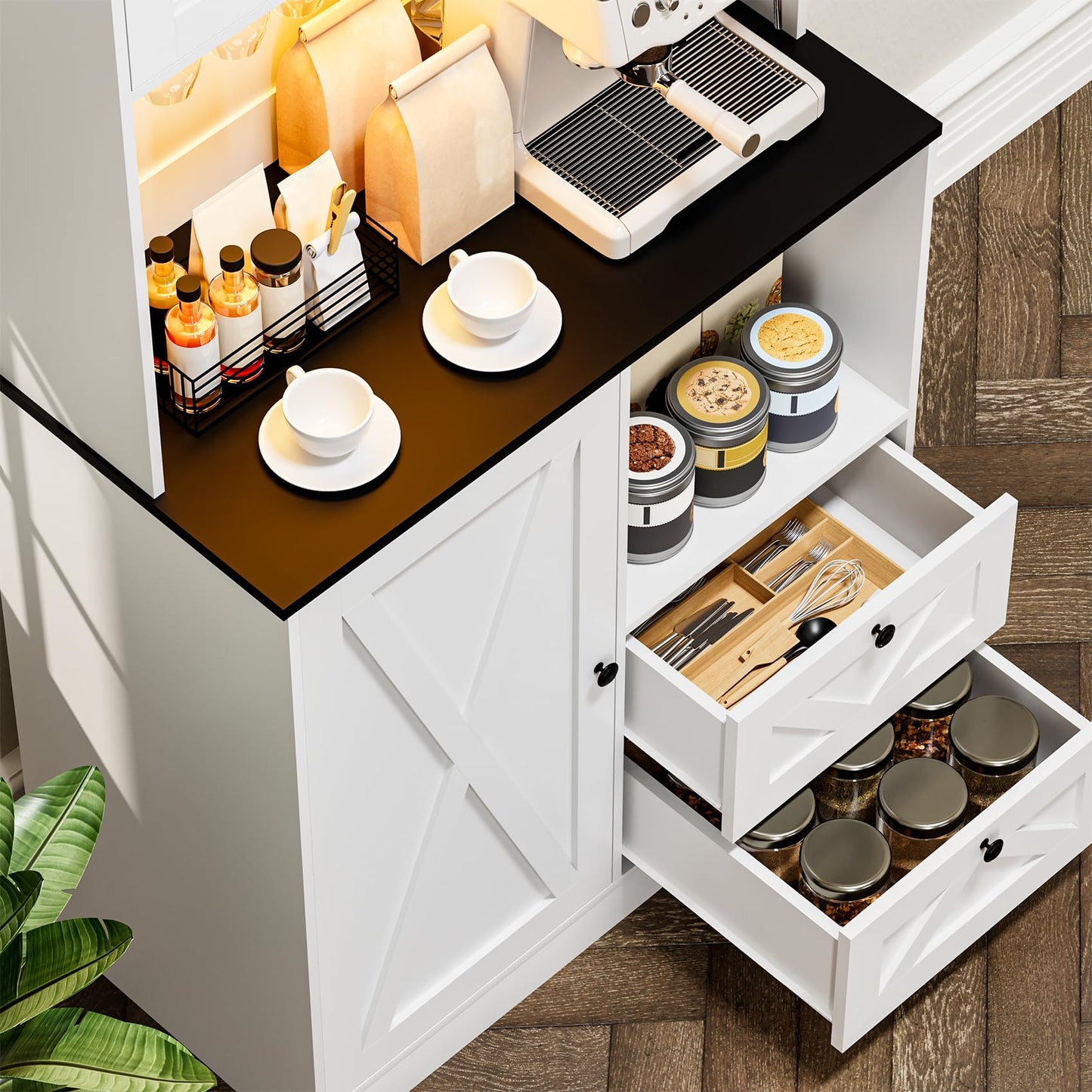 Frmobepts 71‘’Kitchen Pantry Storage Cabinet with LED Lights and Power Outlet, Tall Farmhouse Kitchen Hutch with Microwave Stand,Globet Hooks and Adjustable Shelf for Dining Living Room,White