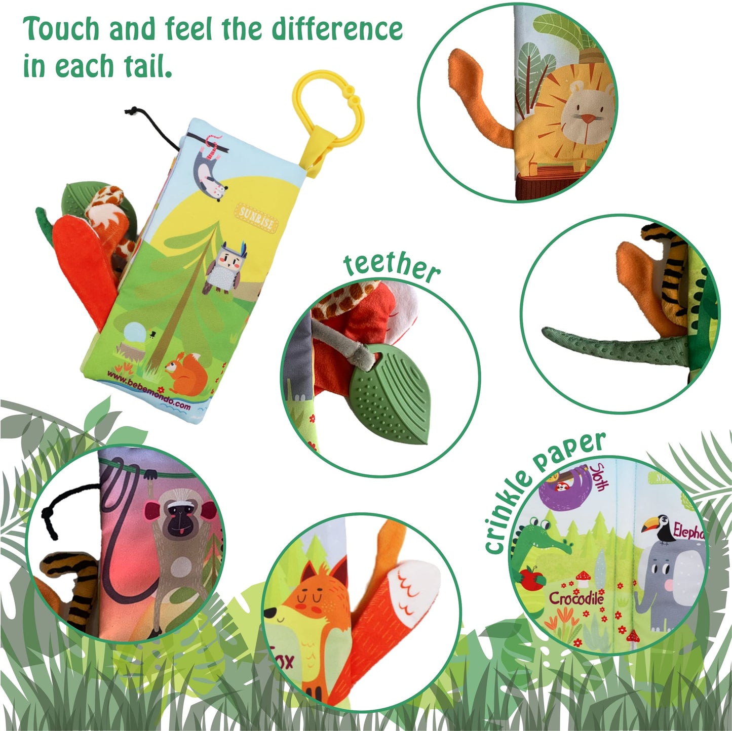 bebe mondo Jungle Baby Stroller Toys,Baby Books 0-6 Months,Touch and Feel Crinkle Cloth Books for Babies Infant Newborn Toys 0-3-6-12-18 Months, Interactive,Shower Gifts for Boys Girls