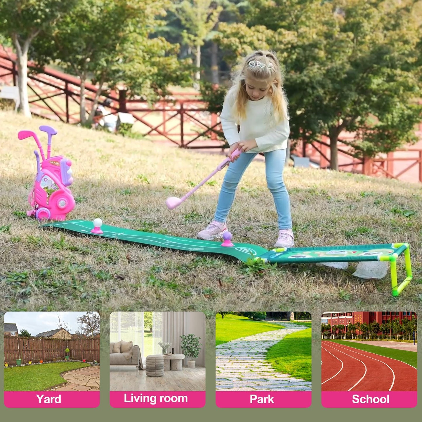 Jovizo Toddler Golf Set for Boys Girls 1 2 3 4 Years Old, Upgraded Kids Golf Cart with Putting Mat & Cornhole Board, Outdoor Indoor Sports Toys, Pink