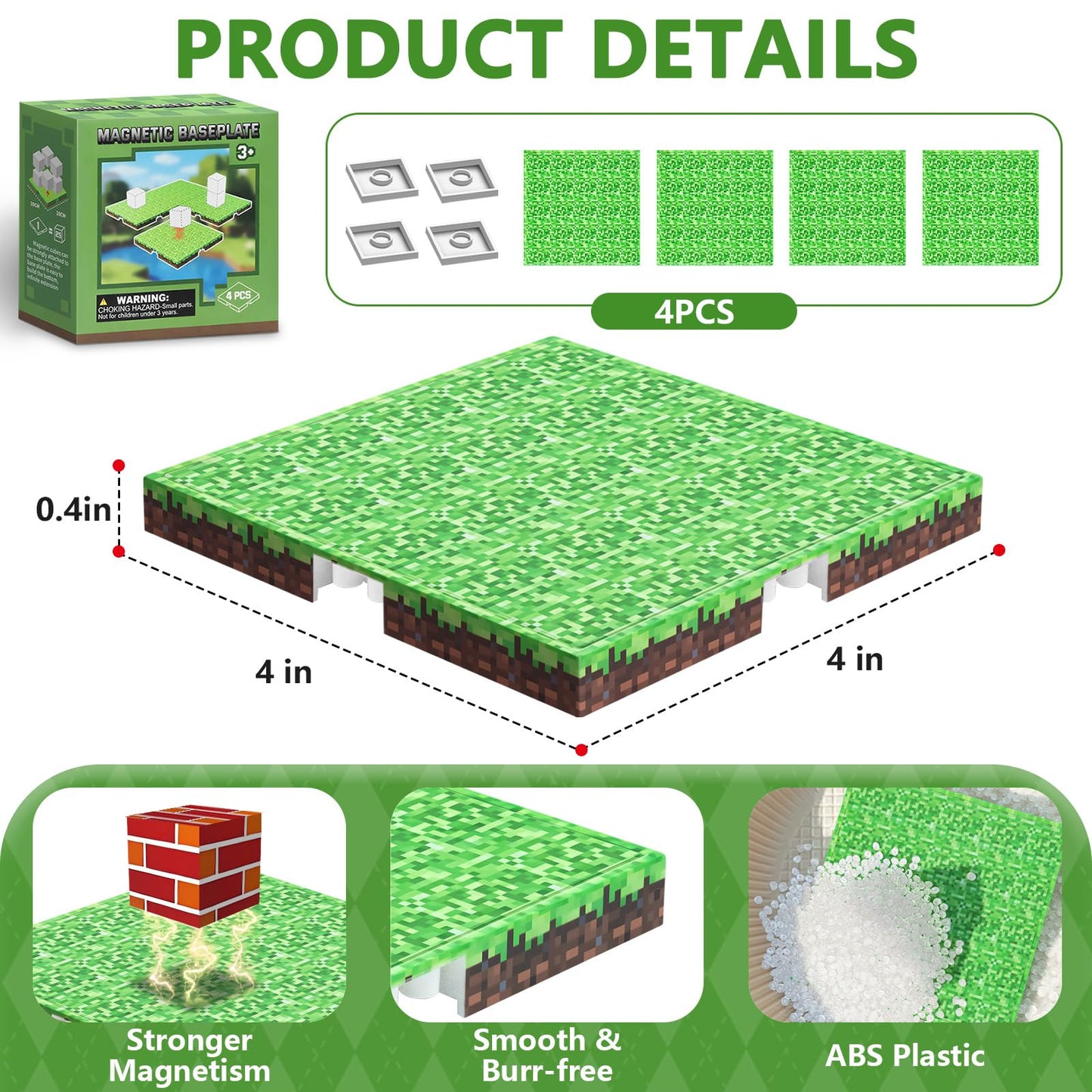Youngyes Magnetic Blocks Baseplate - Magnet Toys for Kids, 4PCS Baseplate for Minecraft Magnetic Building Blocks Placing 4" x 4", STEM Toys Birthday Gifts for Boys Girls Age 3+ Years Old, Grassland