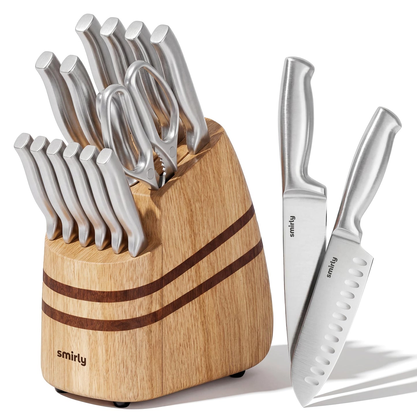 SMIRLY Knife Set - 15 Pieces Knives Set for Kitchen with Block and Sharpener - Stainless Steel Knife Set with Anti-Slip Ergonomic Handle for Steak Bread, Dishwasher Safe, House Warming Kitchen Gifts