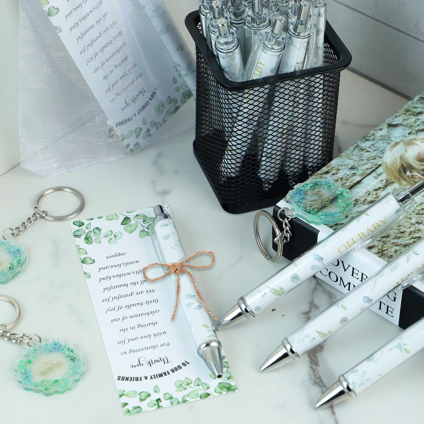 EYNDYN 145 Pieces Baby Shower Favors for Guest Eucalyptus Leaf Ballpoint Pens and Keychains Gifts for Boys Girs Bulk Retractable Baby Shower Pens Gender Reveal Greeting Cards Souvenirs Prizes