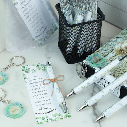 EYNDYN 145 Pieces Baby Shower Favors for Guest Eucalyptus Leaf Ballpoint Pens and Keychains Gifts for Boys Girs Bulk Retractable Baby Shower Pens Gender Reveal Greeting Cards Souvenirs Prizes