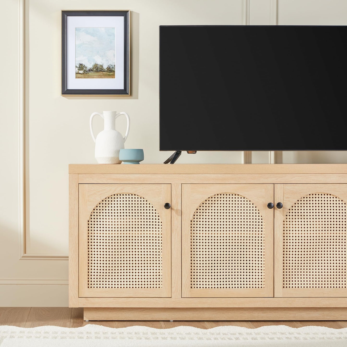 Walker Edison Sasha 4-Door Sideboard Buffet with Arched Rattan Panels, 70 Inch, Coastal Oak