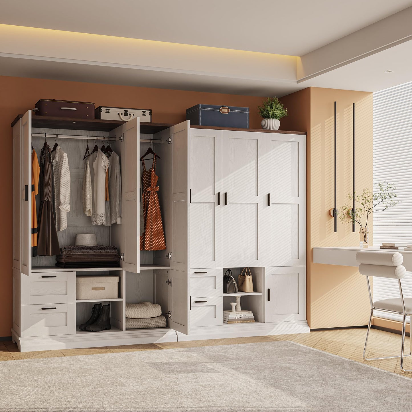 IRONCK Wardrobe Closet with 2 Drawers, 2 Hanging Rods, 3 Doors Wooden White Wardrobe, Large Freestanding Closet Bedroom Armoire Cloth Storage Cabinet for Couples, Easy Assembly, Rustic White