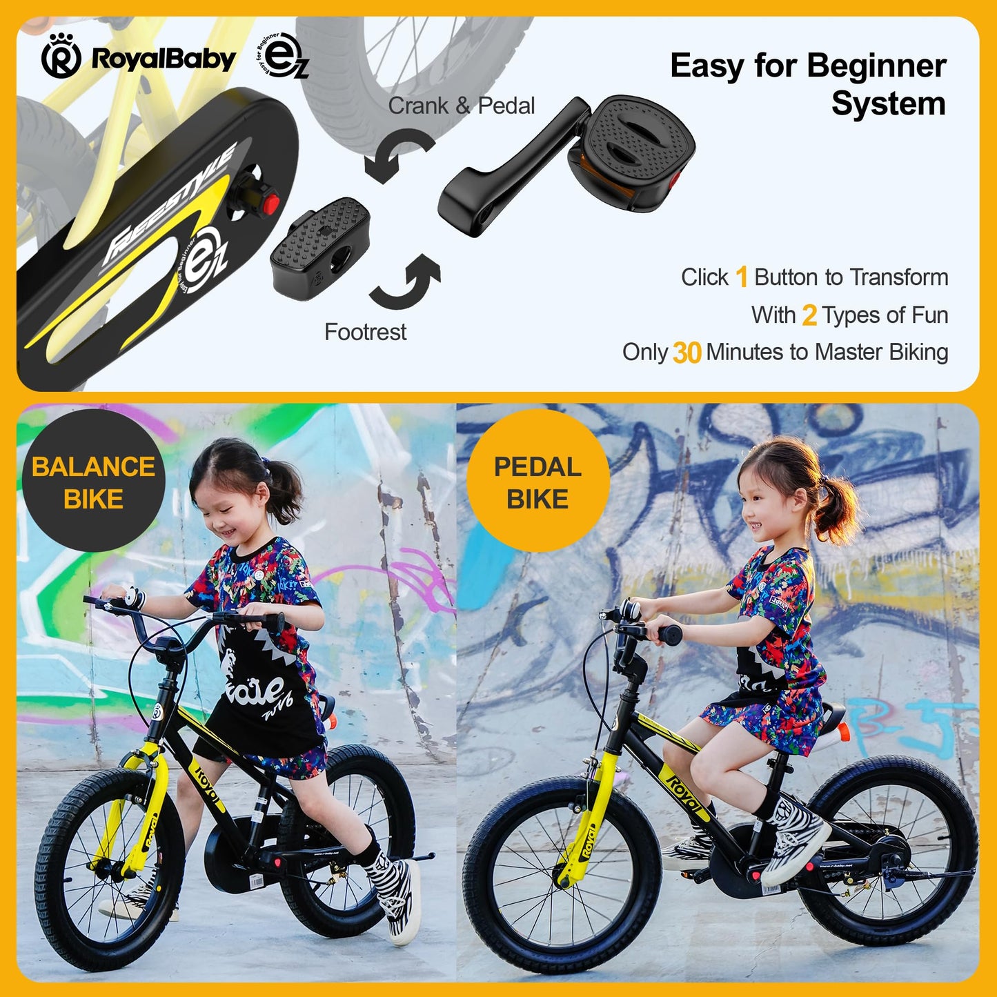 RoyalBaby Freestyle EZ Kids Bike, Easy Learn Balancing to Biking, 14 Inch Balance & Pedal Bicycle, Instant Assembly Toddlers Boys Girls Ages 3-5 Years, 14" Yellow