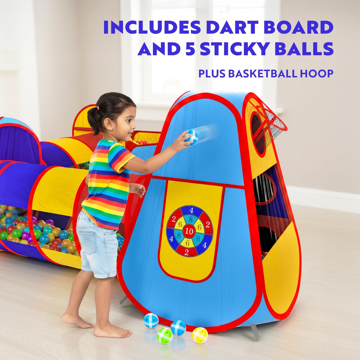 Playz 5pc Kids' Play Tents & Tunnels - Ball Pit for Toddlers, Basketball Hoop, Crawling Tubes, Pop-Up Playhouses, Baby Obstacle Course for Indoor or Outdoor Use