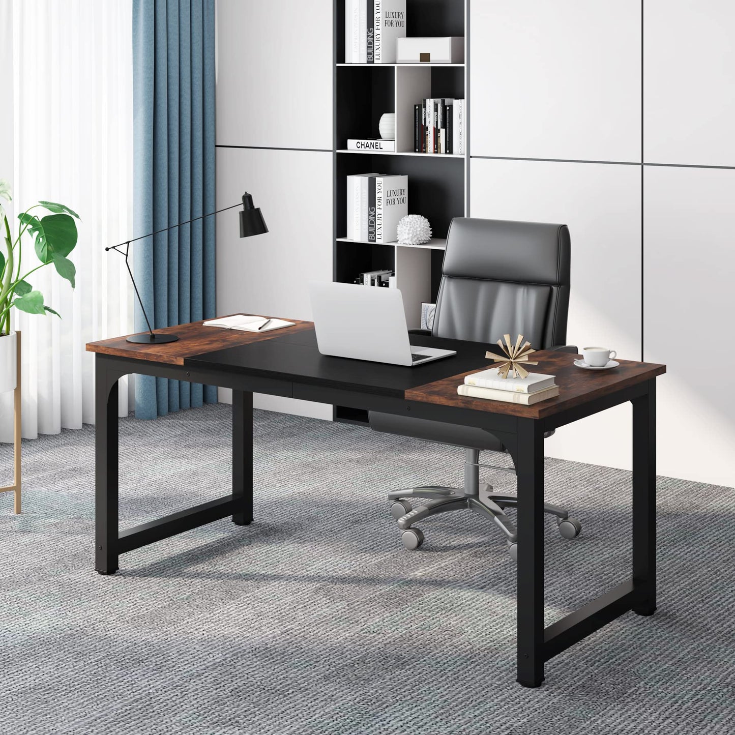Tribesigns 63” Executive Desk, Large Office Computer Desk with Thicken Frame, Modern Simple Workstation Business Furniture for Home Office, Rustic Brown/Black