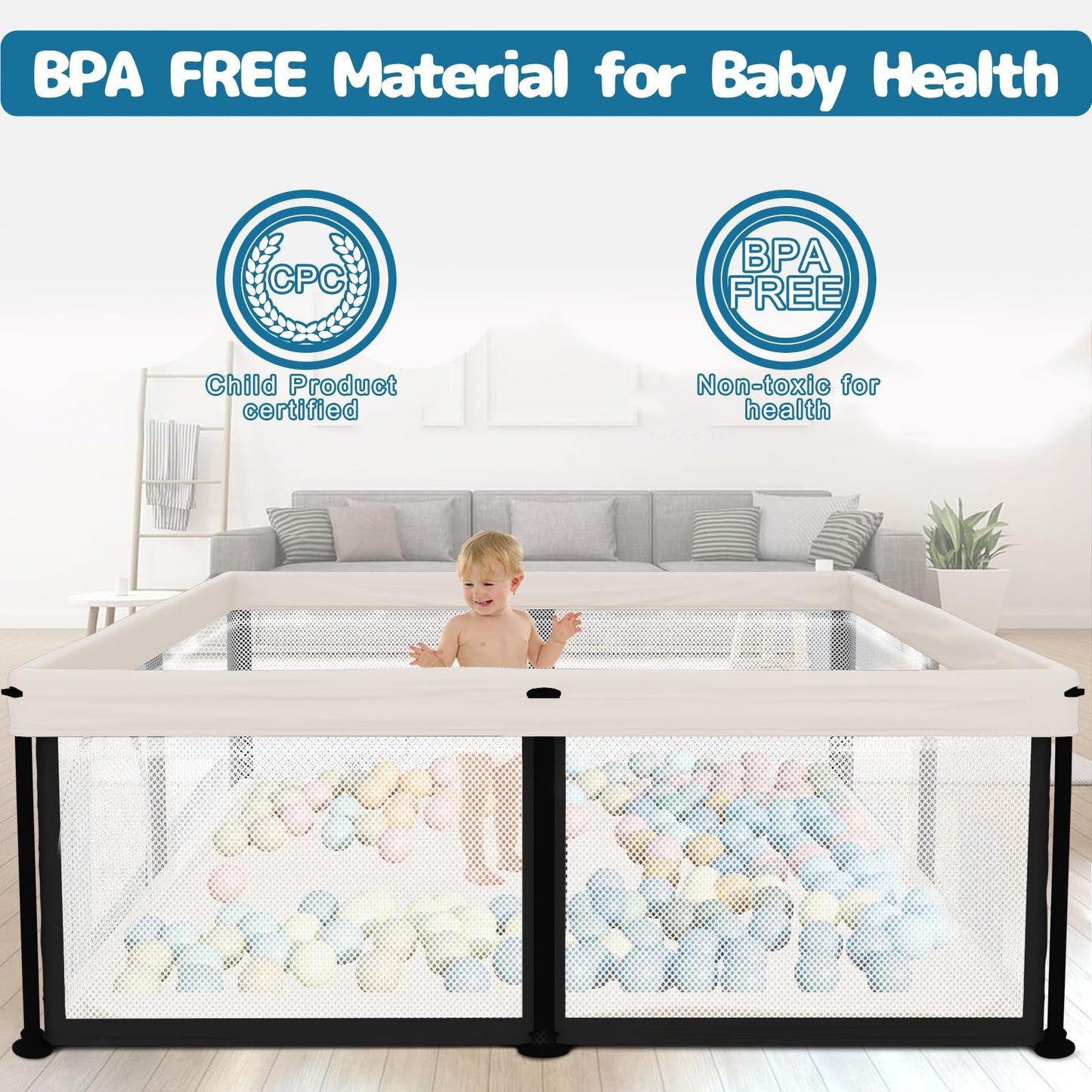 Semoprus Baby Playpen, Portable Indoor Outdoor Play Area with Balls, Beige, 50x50x27 Inch, Quick Fold Design, Mesh Safety Panels, for 0-36 Months