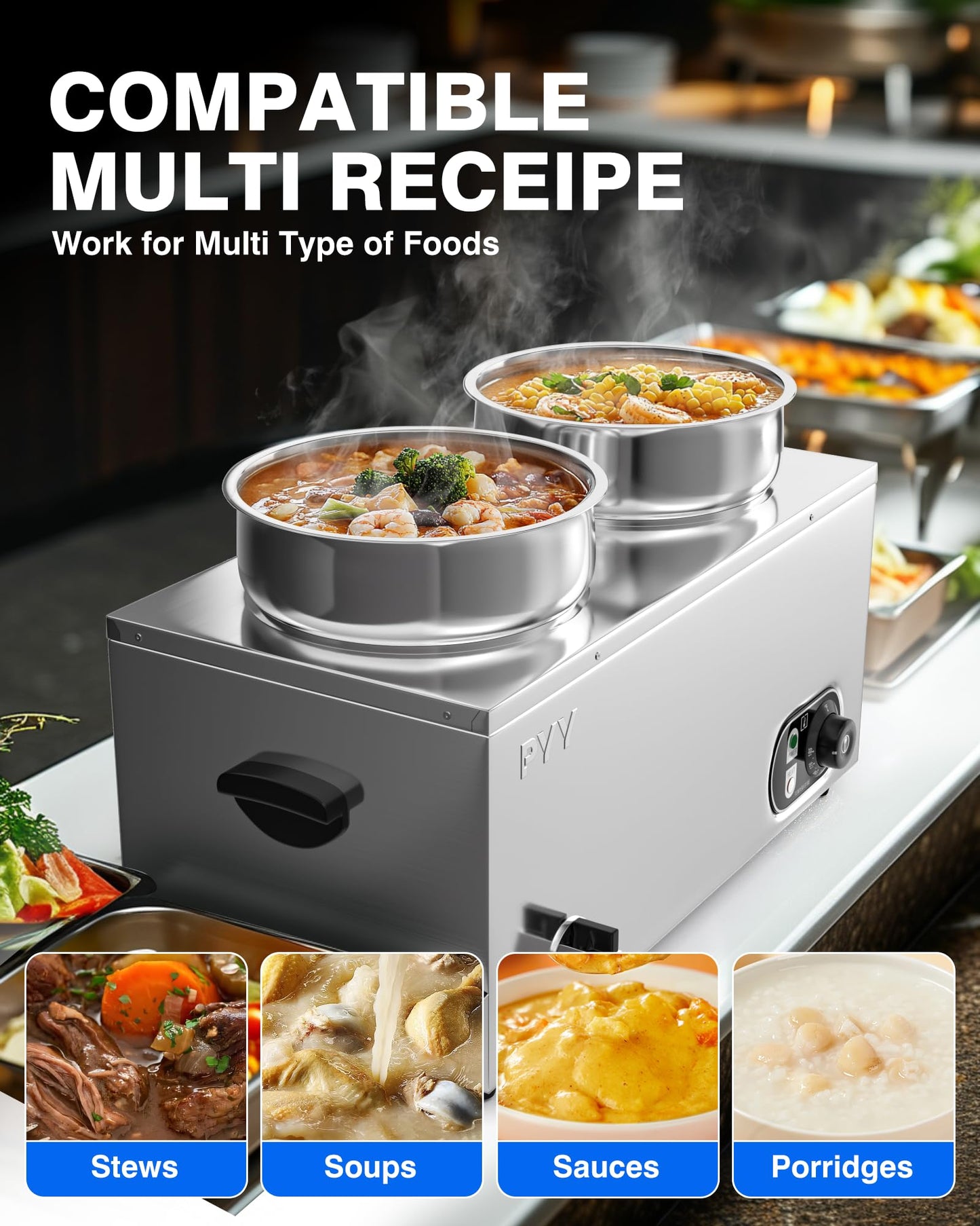 PYY Soup Warmer Commercial - 2x7.4QT Stainless Steel Bain Marie Round Pot 86~185°F Adjustable Temp, Electric Soup Warmer Countertop with Anti-Dry Burn and Reset Button for Restaurant, Buffet 1500W