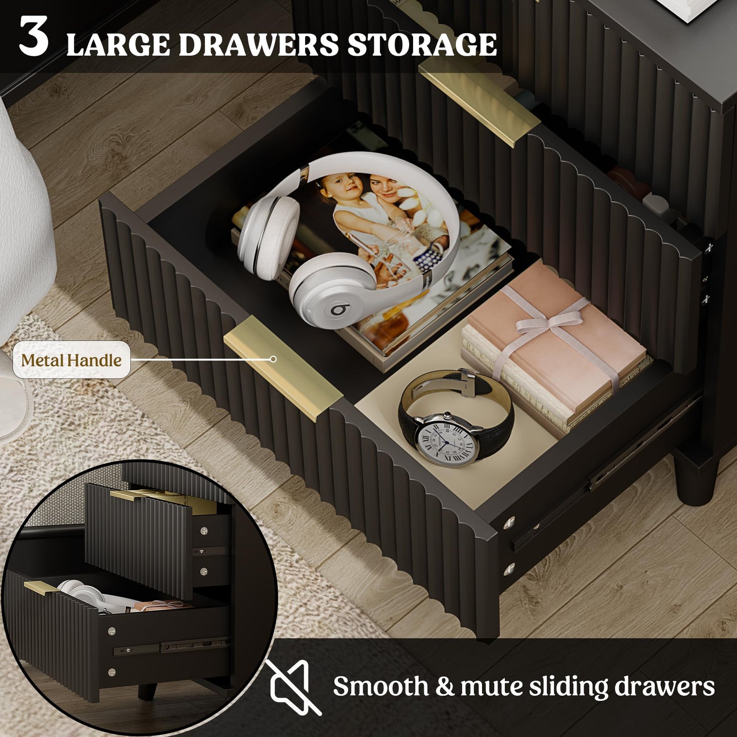 Lulive Wood 3 Drawers Dresser Fluted Night Stand with Charging Station, Natural Nightstand 3 Storage Drawers Dresser Modern Side Table, Bedside Table for Bedroom