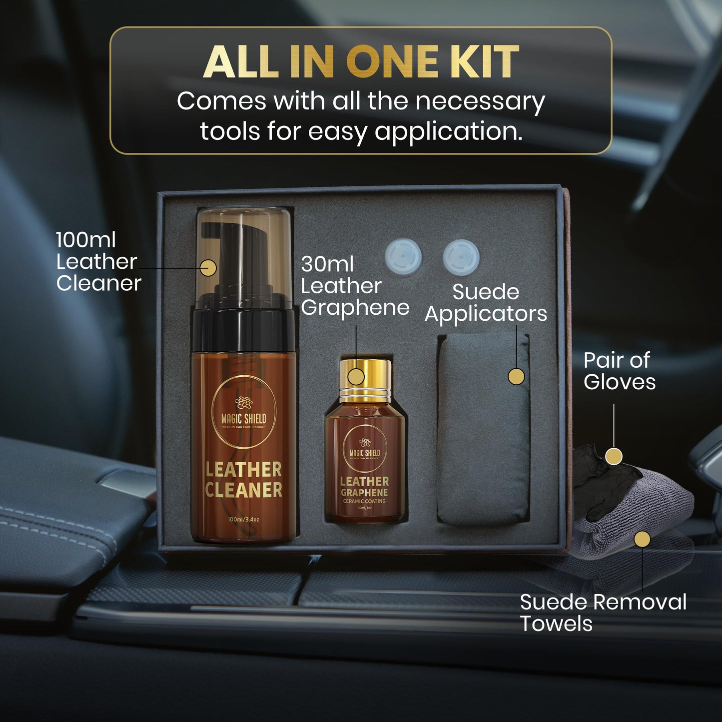 Magic Shield Graphene Leather Care Coating- Lasts 5 Years+ in Real World - Advance SiO2 Protection, UV & Water Resistant, Perfect for Cars, Motorcycles, Marine, RVs, Furniture and Shoes