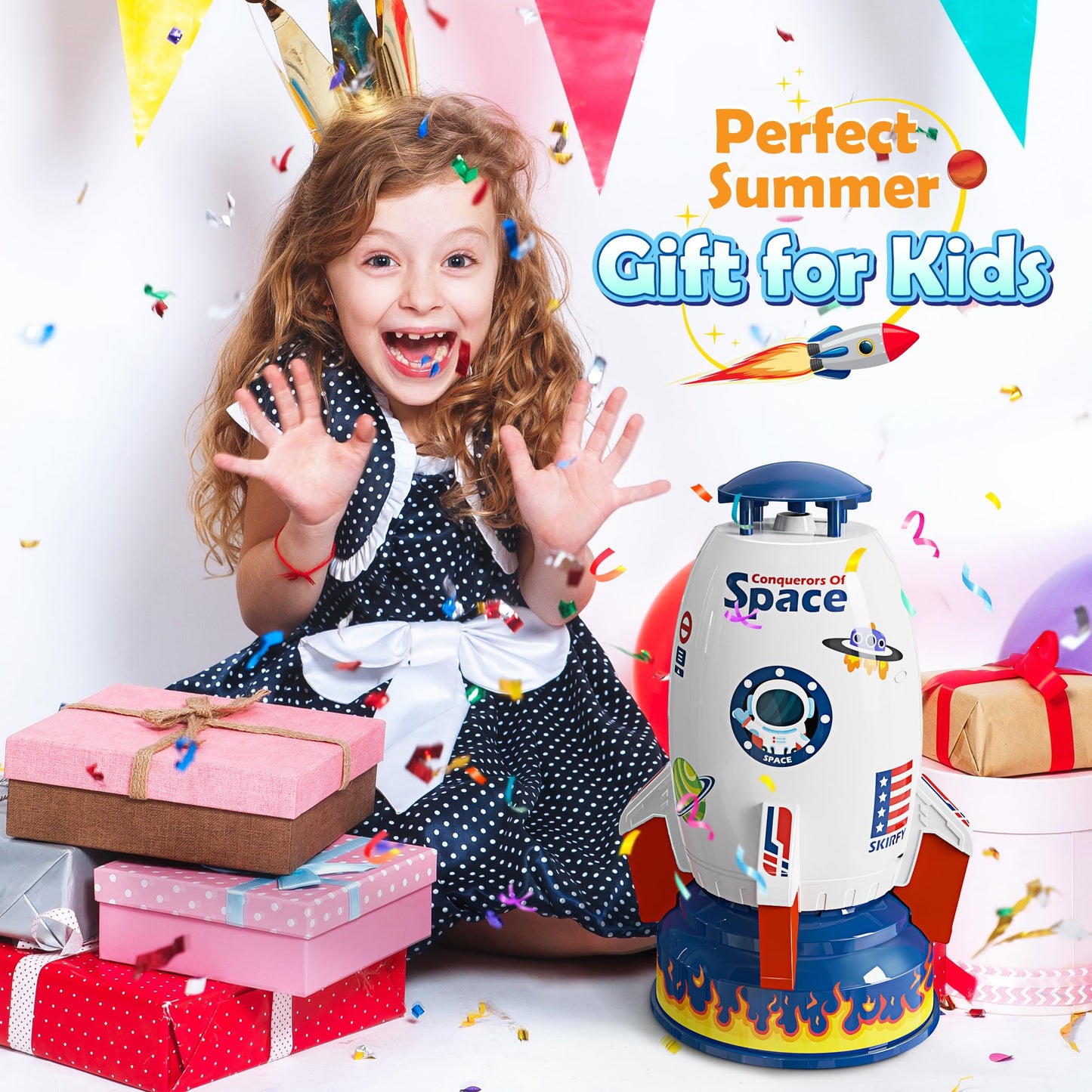 Skirfy Sprinkler Rocket Launcher Outdoor Water Toys for Kids, Rocket Design Water Powered Liftoff 9-16ft & Spin, Summer Garden Lawn Toys & Birthday Gift for Girls Boys Age 3-12 Year Old （White）