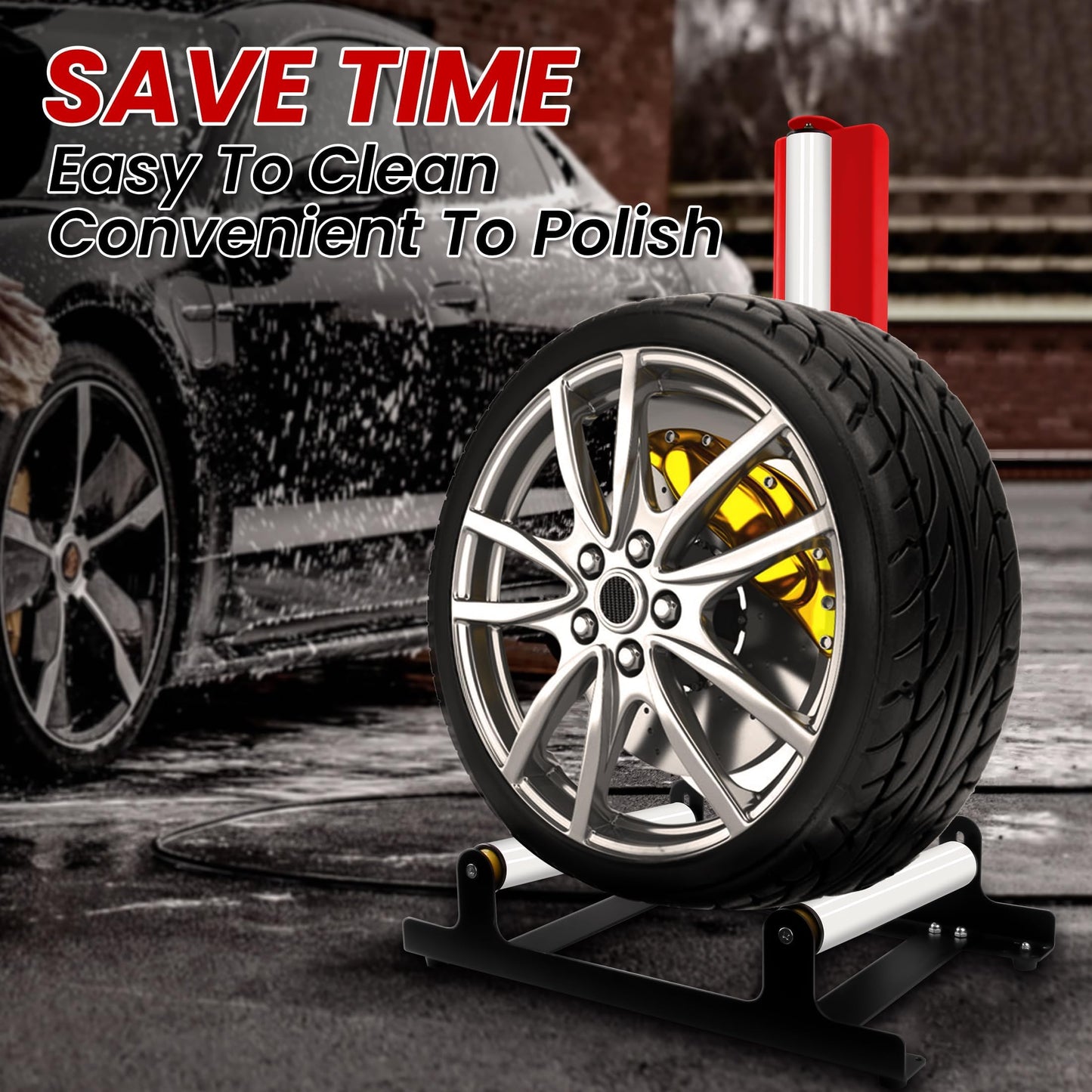 ALL4DETAIL 360° Rolling Wheel Detailing Stand, Heavy Duty Wheel Cleaning Stand for Wheel Tire Rim Cleaning Ceramic Coating, Red