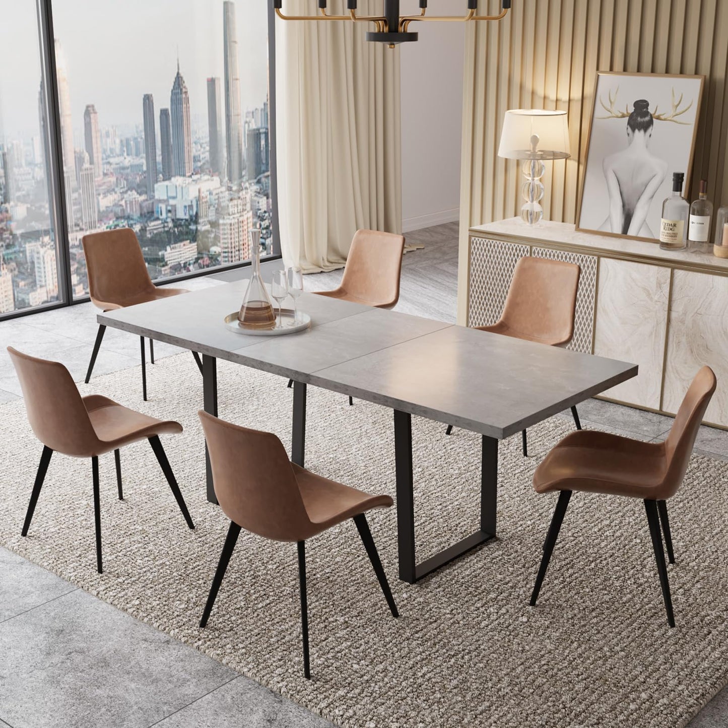 ZckyCine Modern Mid-Century Extendable Dining Table Set for 6-8 People | Expandable 51"-67" Wood Kitchen Table + 6 Upholstered Chairs | Stylish & Space-Saving Dining Room Furniture