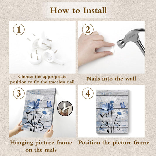 HVEST Farmhouse Floral Wall Art for Living Room, Blue and White Daisy Flower and Butterfly on Rustic Wood Board Canvas Wall Art Framed Artwork Ready to Hang for Bathroom Bedroom Decor, 16L X 12W