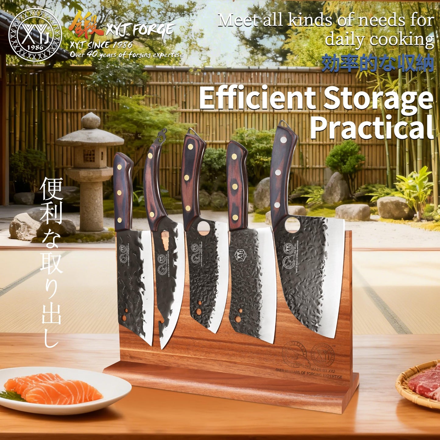 XYJ Full Tang Knives Set with Magnetic Knife Block,Cutting Board,Sharpener Rod,Scissors,Gloves,High Carbon Steel Blades,Knife Block Set,Cleaver Vegetable Butcher Kitchen Knives