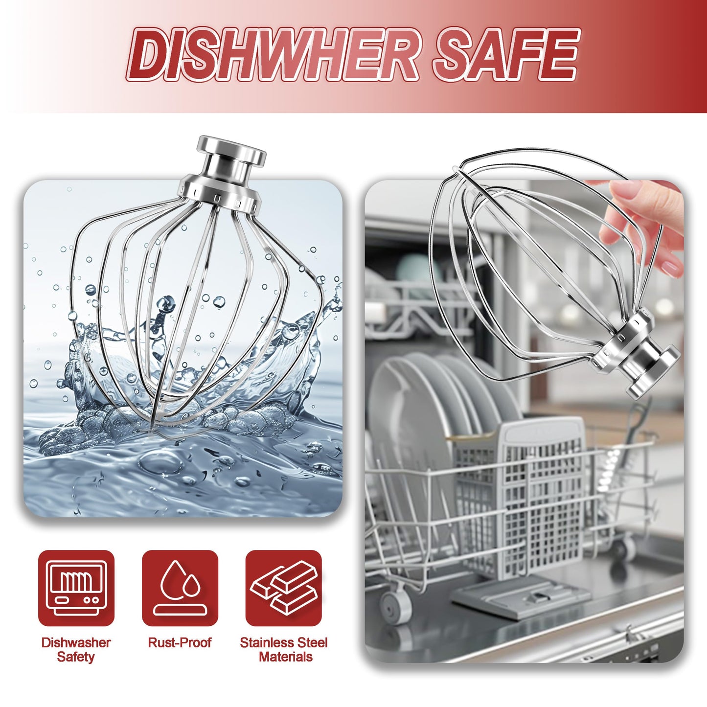 Dishwasher Safe 6 Wire Whisk,Upgrade Real Stainless Steel 6 Wire Whip Attachment for Kitchen aid Mixer,Replace K45WW Whisk Fits Kitchen aid 4.5-5 QT Tilt-Head Stand Mixer,Fast Whipping,No Aluminum