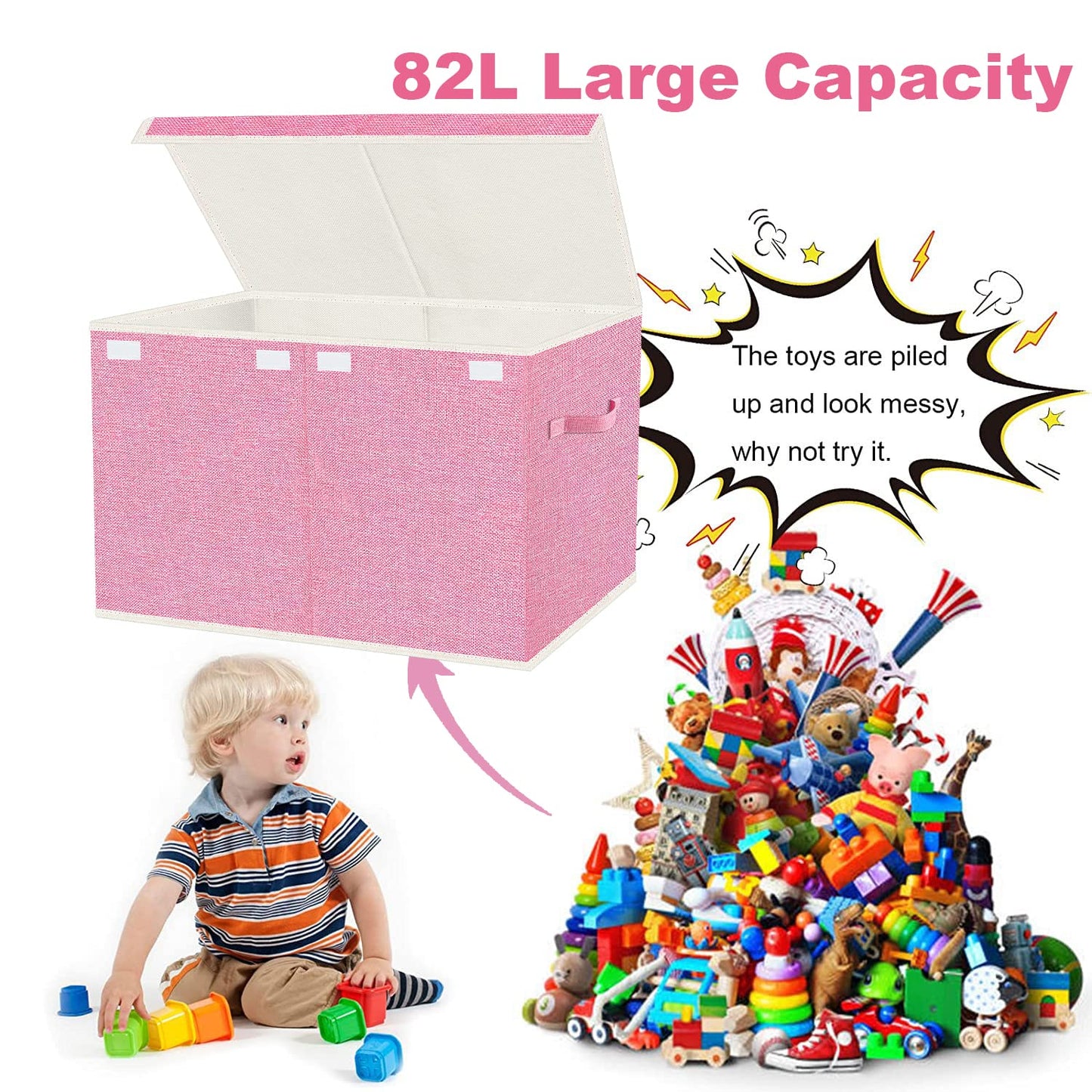 VERONLY Large Collapsible Toy Storage Box with Lid & Handles - Kids Organizer Chest for Toys, Clothes, Blankets (Pink, Nursery, Playroom, Bedroom)-24.5''×13''×16''