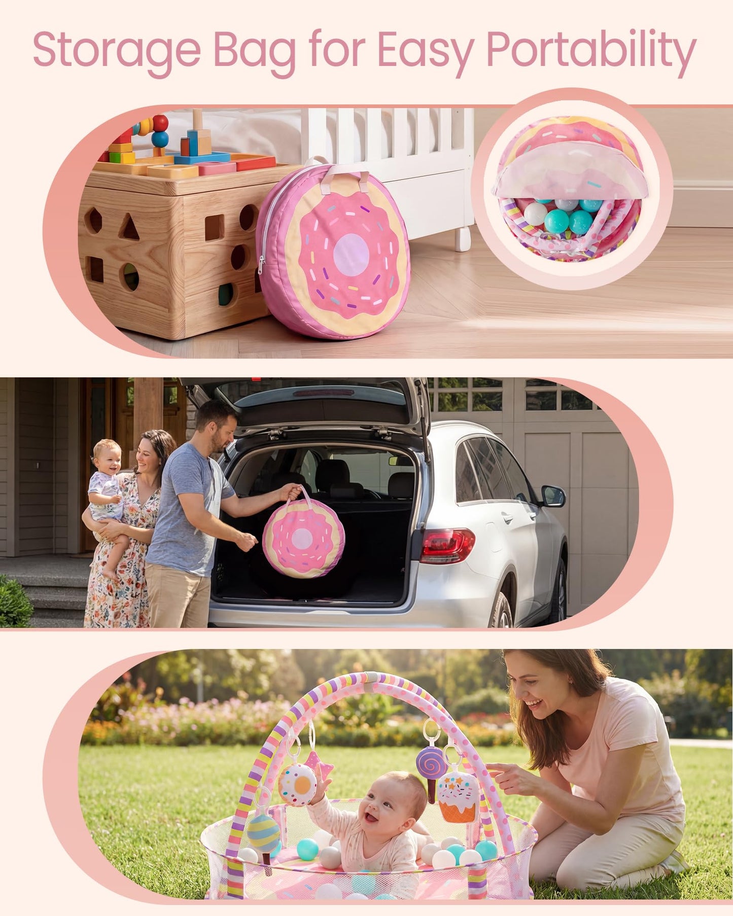 4-in-1 Baby Play Mat & Baby Play Gym,Baby Girl Play Mat Activity Gym, Pink Donut Tummy Time Mat for Babies and Toddlers, Infant Activity Center for Newborn to Develop Motor Cognition