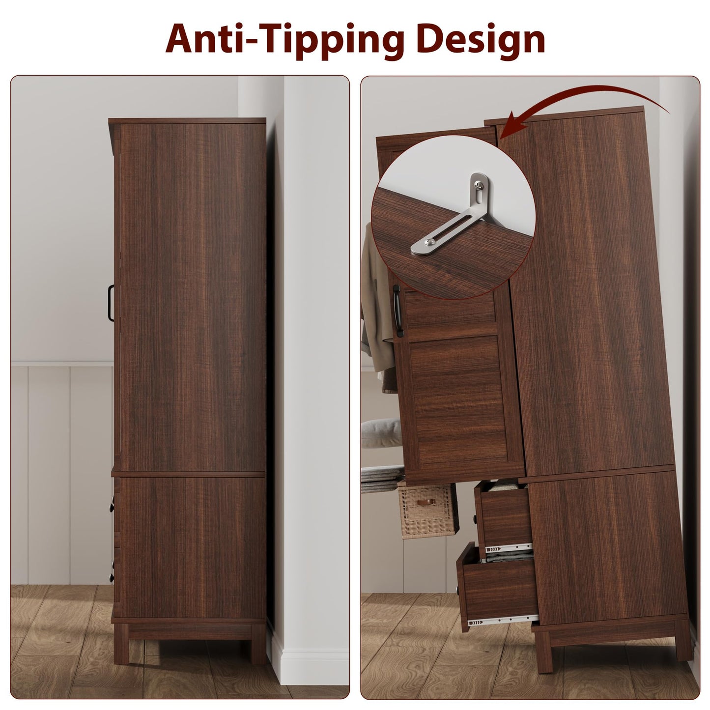 GarveeHome Armoire Wardrobe Closet with 2 Doors, Wooden Wardrobe Cabinet with Hanging Rod, 72 in Narrow Tall Clothing Armoire Cabinet with 18 Adjustable Shelves for Clothes, Bedroom, Walnut