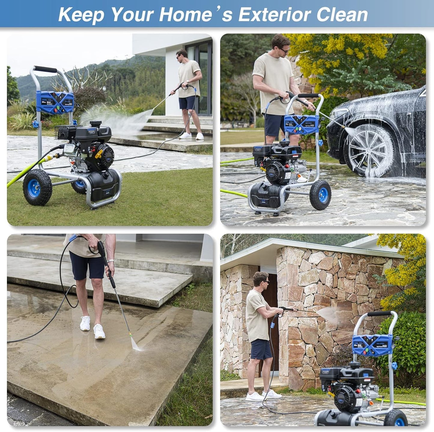 MUTAOMAY 3500PSI Gas Pressure Washer, 2.3GPM Gas Powered High Pressure Washer with 209CC Engine, 4 Adjustable Nozzles, 25 ft High Pressure Hose for Cleaning Walls, Terraces, Vehicles, Garden (Blue)