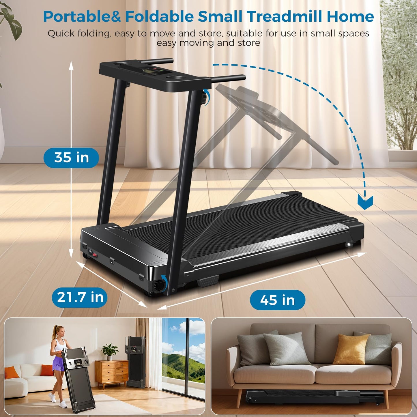 Treadmill with Handles, 2026 Upgraded Small Treadmills Home, Portable Electric Treadmills for Home 300 lbs Capacity,Walking Pad Treadmill,Lightweight Foldable Walking Pad,LED Display(Black)