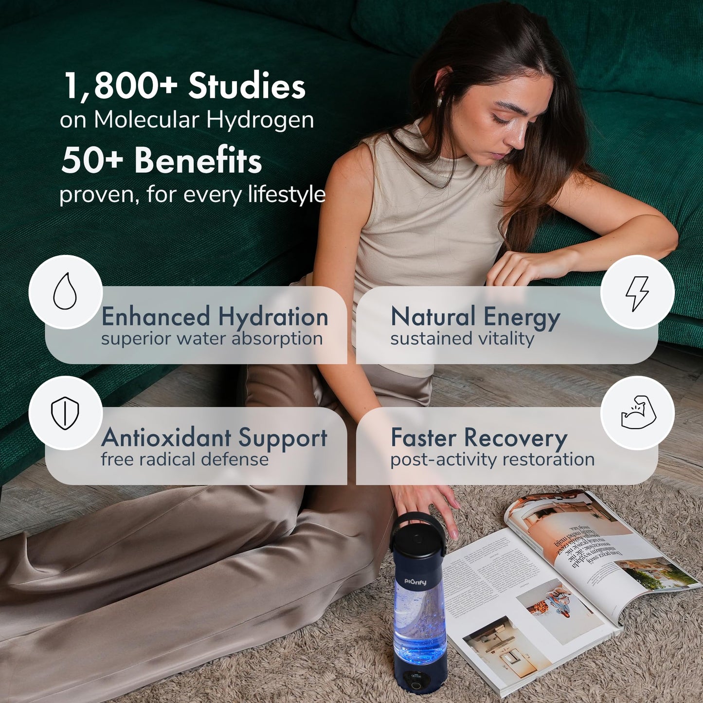 PIURIFY Hydrogen Water Bottle Generator | 17 OZ | UP TO 6,290 PPB H2 Molecular Hydrogen | SPE/PEM Electrolysis | Ergonomic Handle | Dual-Mode | 2200 mAh Battery | Certified by H2 Analytics | Dark Blue