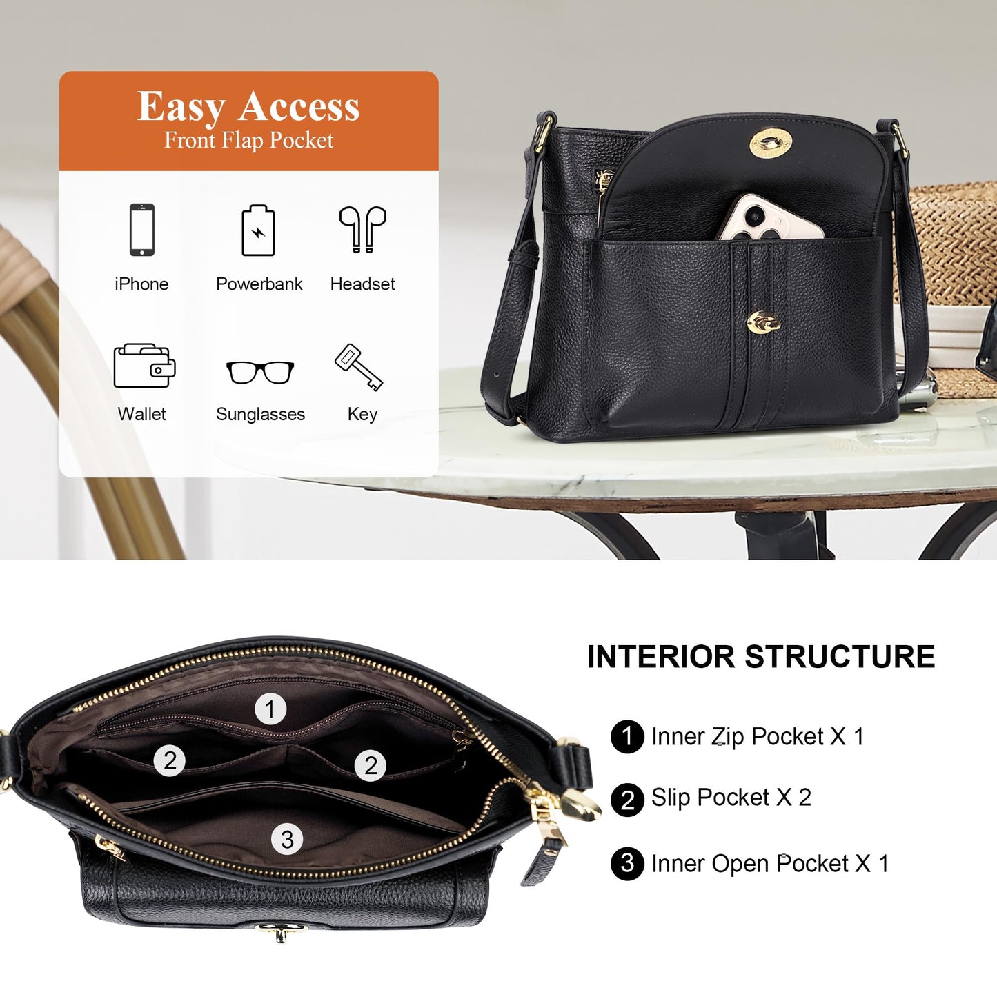 Over Earth Genuine Leather Crossbody Bags for Women Trendy Purses and Ladies Shoulder Handbags(O202E-2G Black)