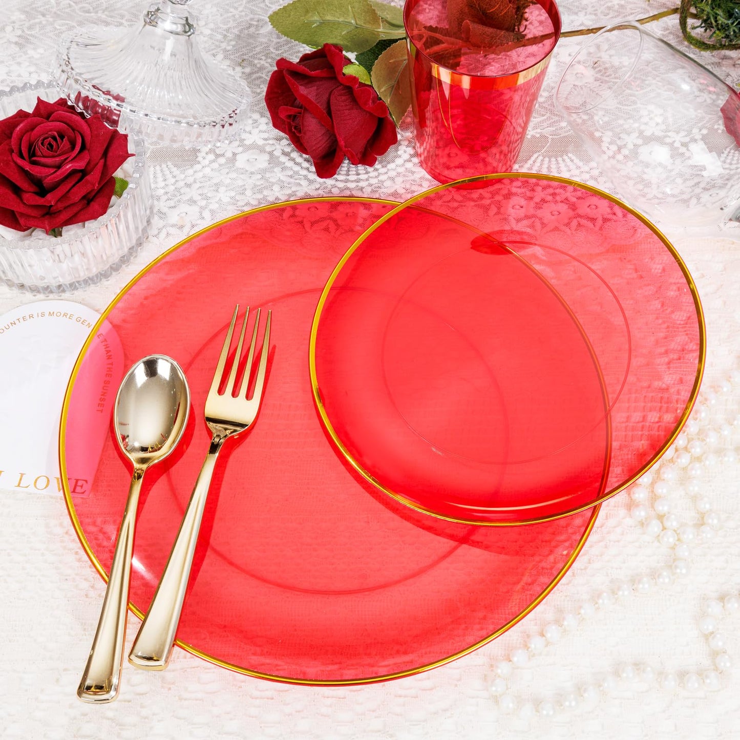 LIYH 180 Pcs Clear Red Plastic Plates Disposable - Red Dinnerware Set, Include Red and Gold Plates, Dinner Plate, Dessert Plate, Gold Plastic Silverware for Birthday Party