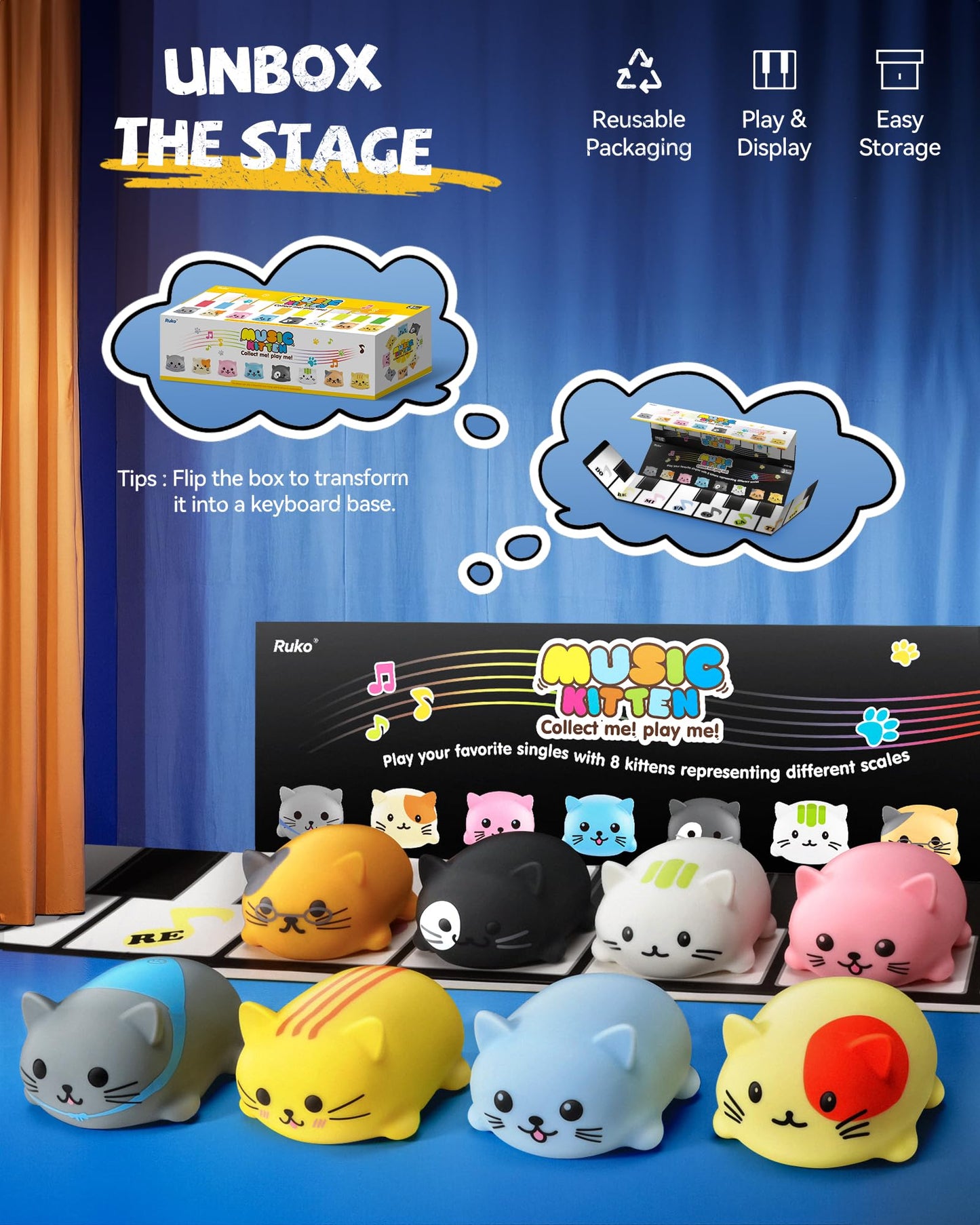 Ruko 1701 Musical Cats Piano Keyboards with Cute Meow Tone, Press Play Music Scale, Fun Music Toys for Kids, for Boys & Girls Age 3 4 5 6 7 8 9, Educational Instrument (8Pcs)