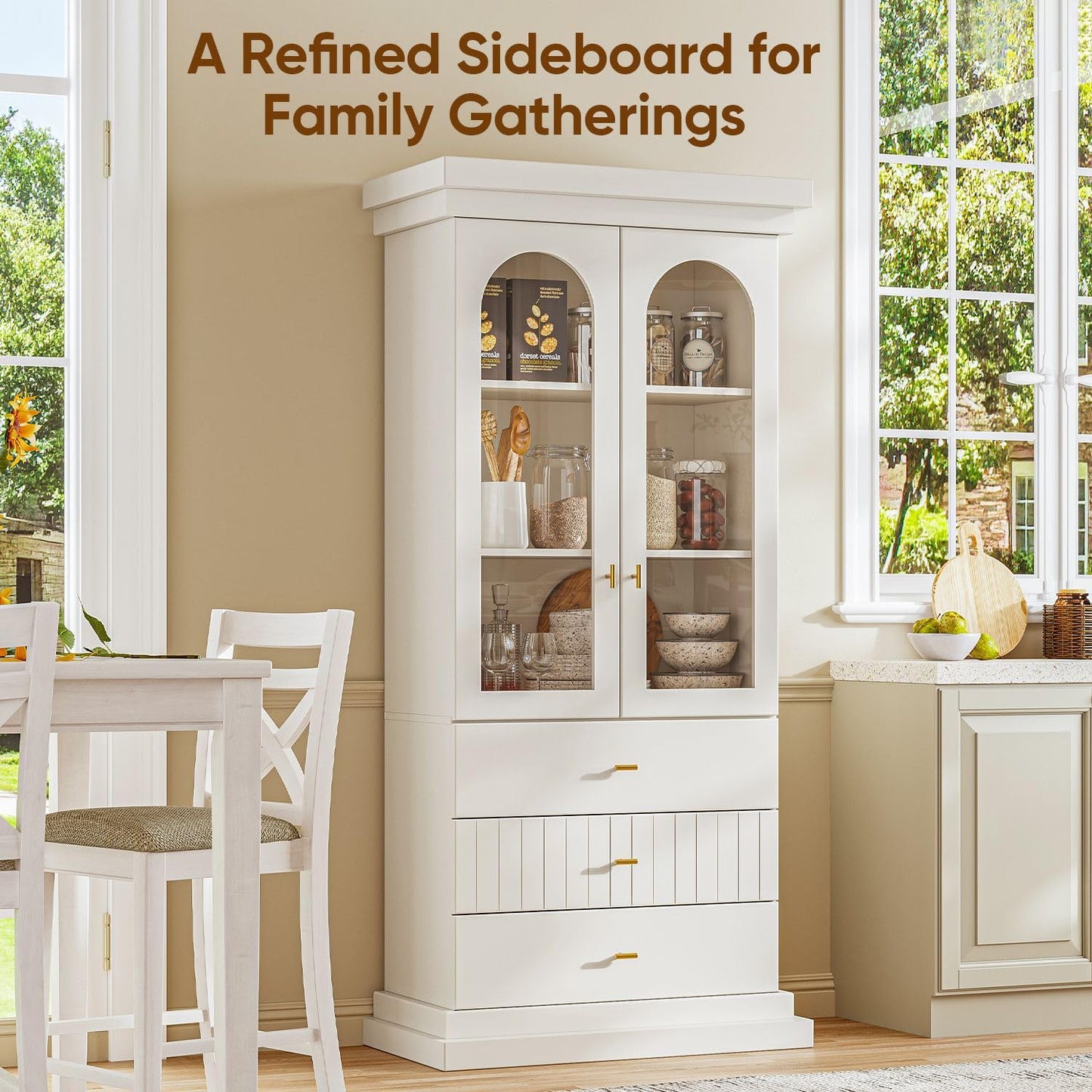 Myricore 71" Arched Kitchen Cabinet, Double Glass Door Display and Storage Cabinets with Drawers, Modern Pantry for Dining Room, Living Room, White with Gold Handles, 2 of Set