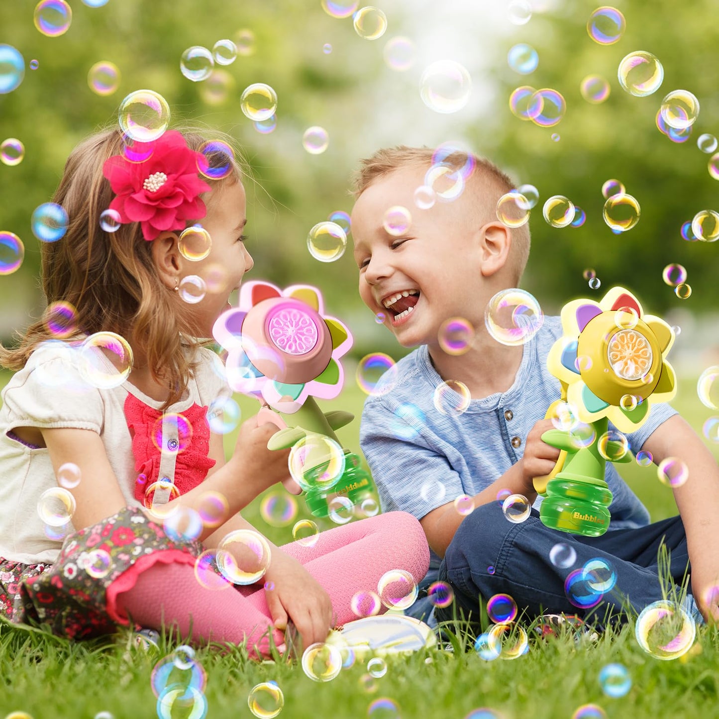 Rechargeable Flower Bubble Guns for Kids W/LED Lights & 10 Refill Solutions, Fun Swing Dance Bubble Maker Machine Blower Blaster Toys,Outdoor Summer Play, Easter, Birthday Party Favors & Gifts Pink