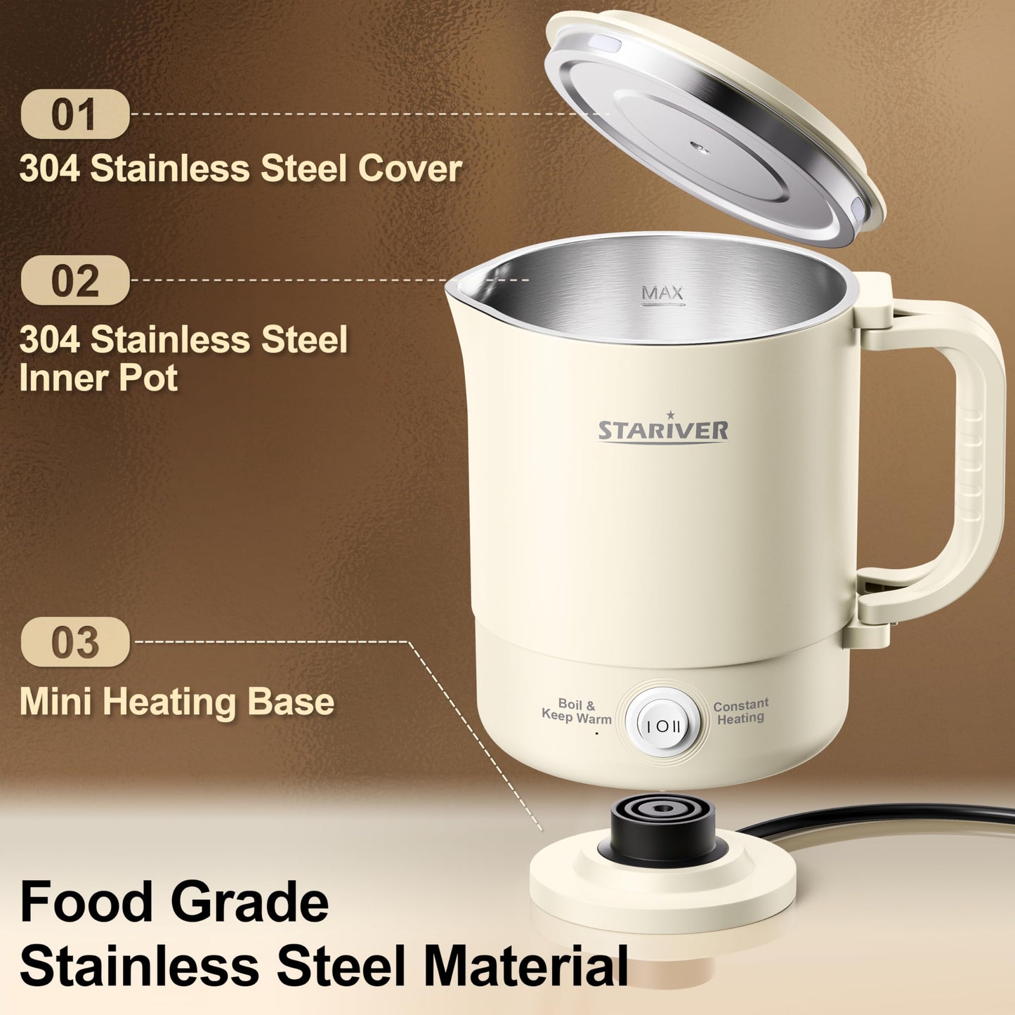 Stariver Portable Travel Kettle, 600ML Small Electric Kettle with Foldable Handle, Food Grade Stainless Steel Collapsible Water Boiler with Dual Modes, Compact for RV, Business Trip, Camping, Beige