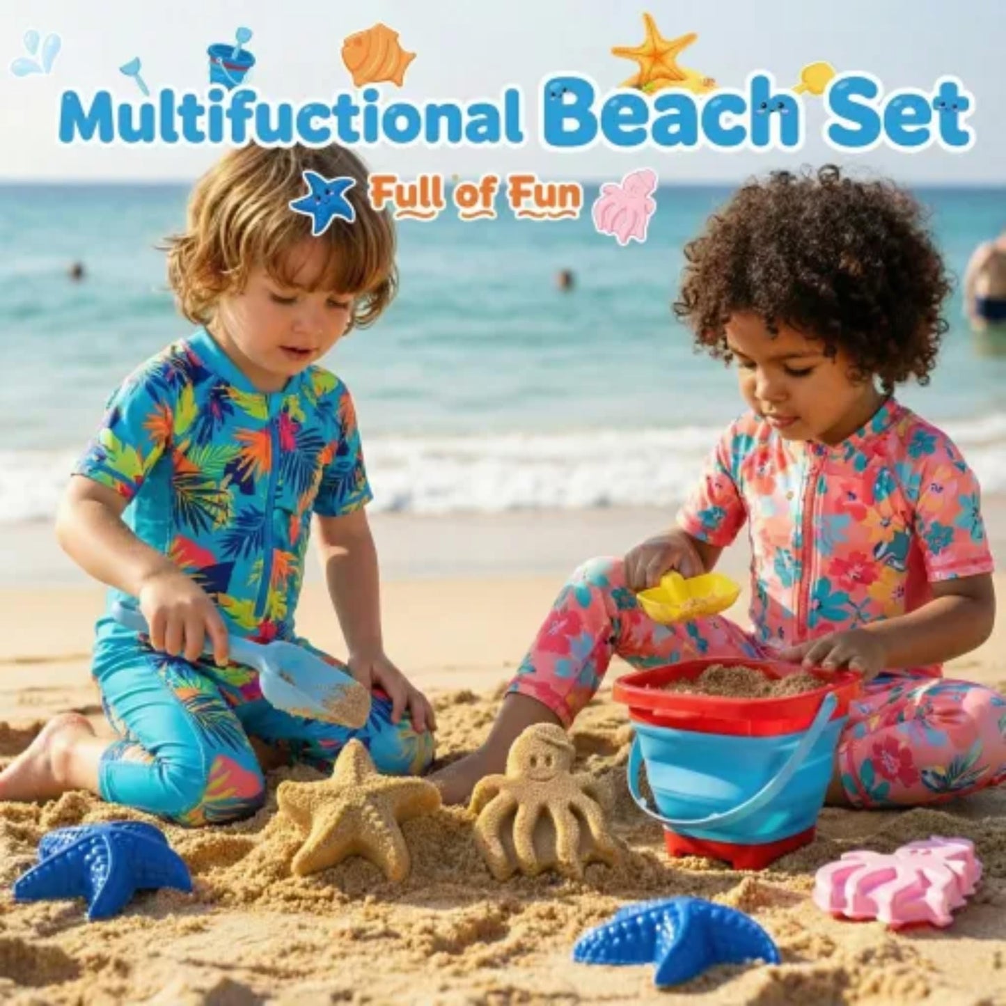 Cozycharm Beach Sand Toys Set for Toddlers, Portable Travel Beach Toys with Collapsible Bucket, Shovel, Rake, 3 Molds & Mesh Storage Bag for Kids, Summer Gift