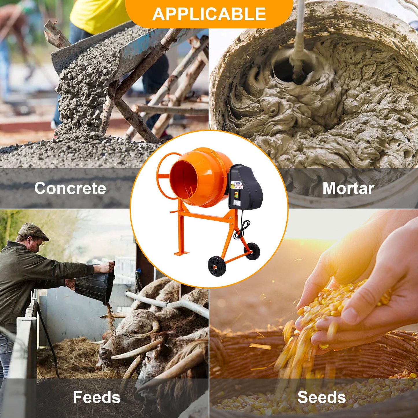 WORVISTA 5.0 Cu. Ft Electric Cement Mixer, 650W 4/5 HP Portable Concrete Mixer with Wheels and Stand, Heavy Concrete Mud Mixer Tools, Adjustable Tilt for Mortar Stucco Seeds and Fodder, Orange