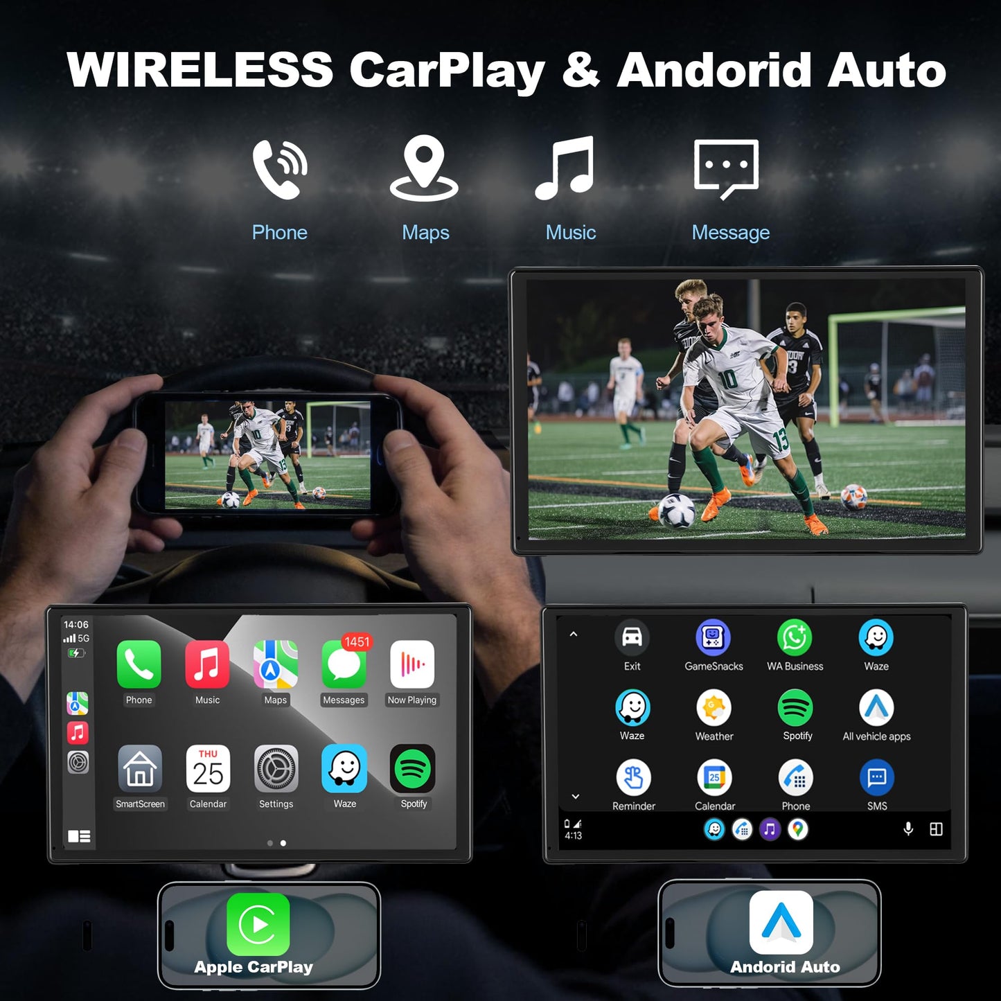 Stihoze 9'' Wireless CarPlay Screen for Car, Apple Car Play & Android Auto Car Stereo HD Touchscreen with 4K Dash Cam & 1080P Backup Camera, GPS Navigation & Mirror Link, for Most Vehicles