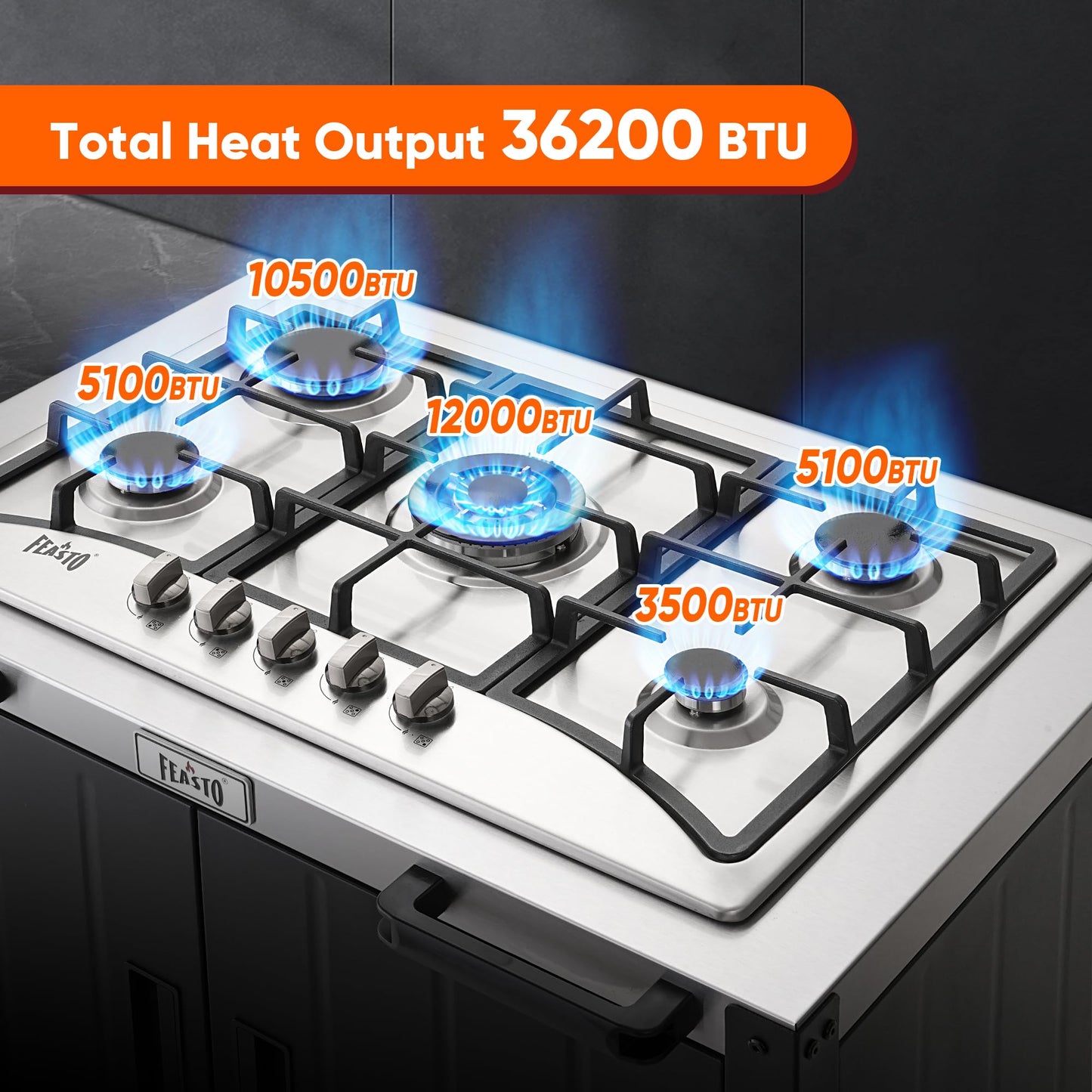 Feasto Gas Grill, Movable Outdoor Gas Stove Stainless Steel Top with Cabinet, 5 Burners with 36,200 BTUs, Outdoor Propane Grill for Outdoor Cooking, Ideal for Lawn & Garden, L35.4 x W24