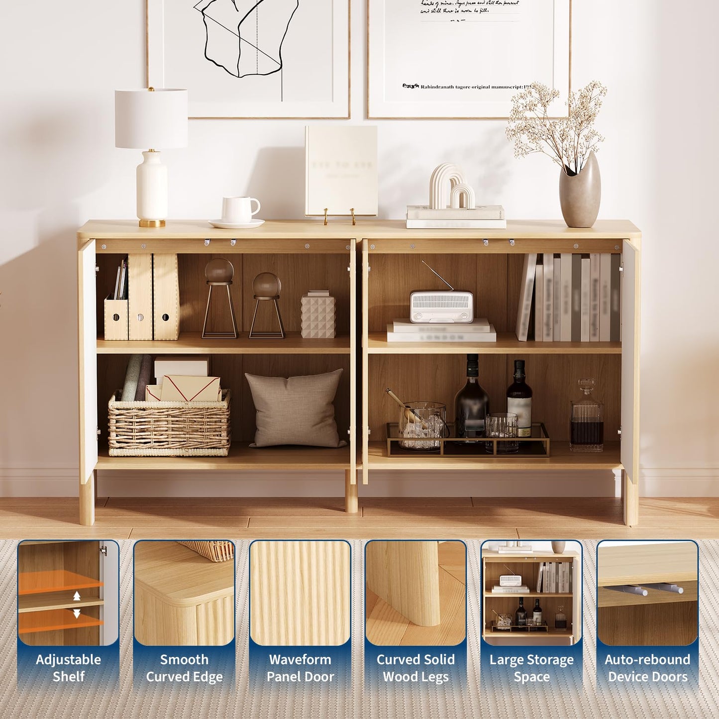Garvee 58 in Fluted Sideboard Buffet Cabinet, Modern Accent Storage Cabinet with 4 Fluted Doors and Adjustable Shelves, Wood Credenzat Coffee Bar Console Table for Kitchen Dining Living Room- Natural